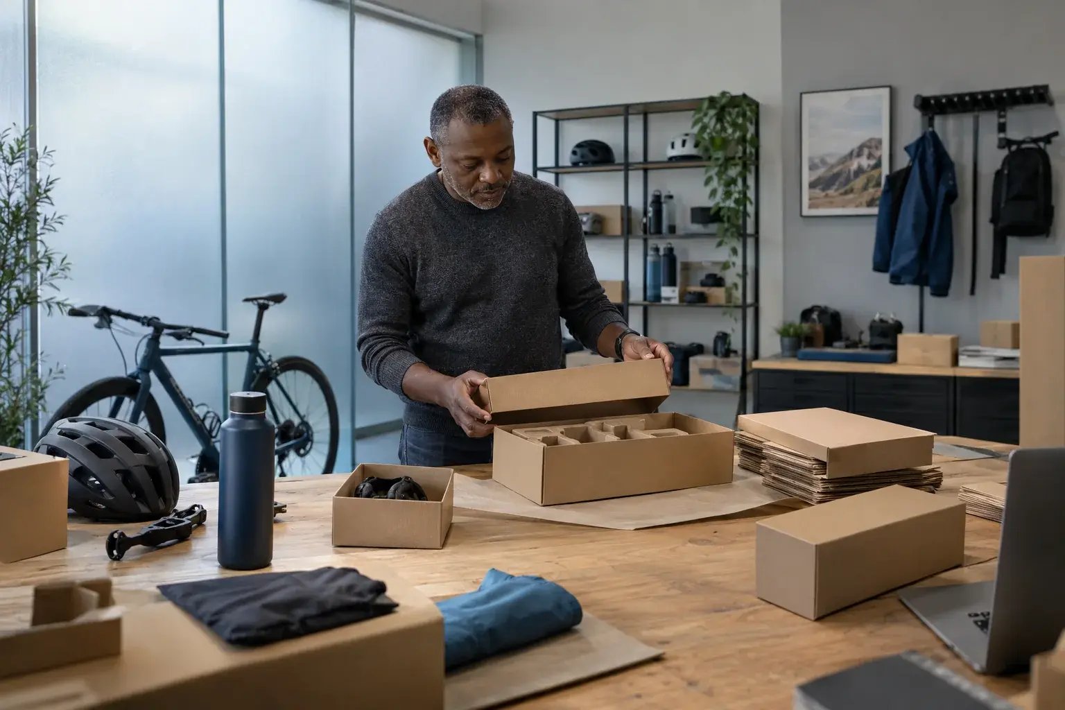 Un professionnel choisissant une boîte adaptée à un produit. Produits : accessoires de vélo et équipement de plein air.