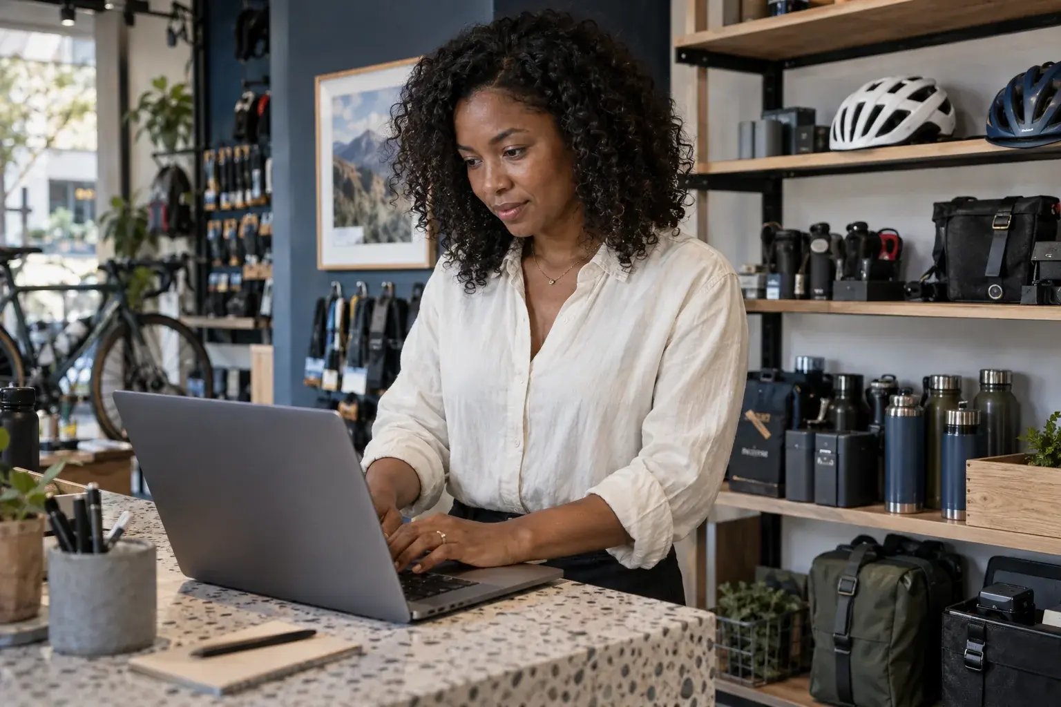 Une entrepreneure organisant les commandes récurrentes près des étagères de produits. Produits : accessoires de vélo et équipement de plein air.