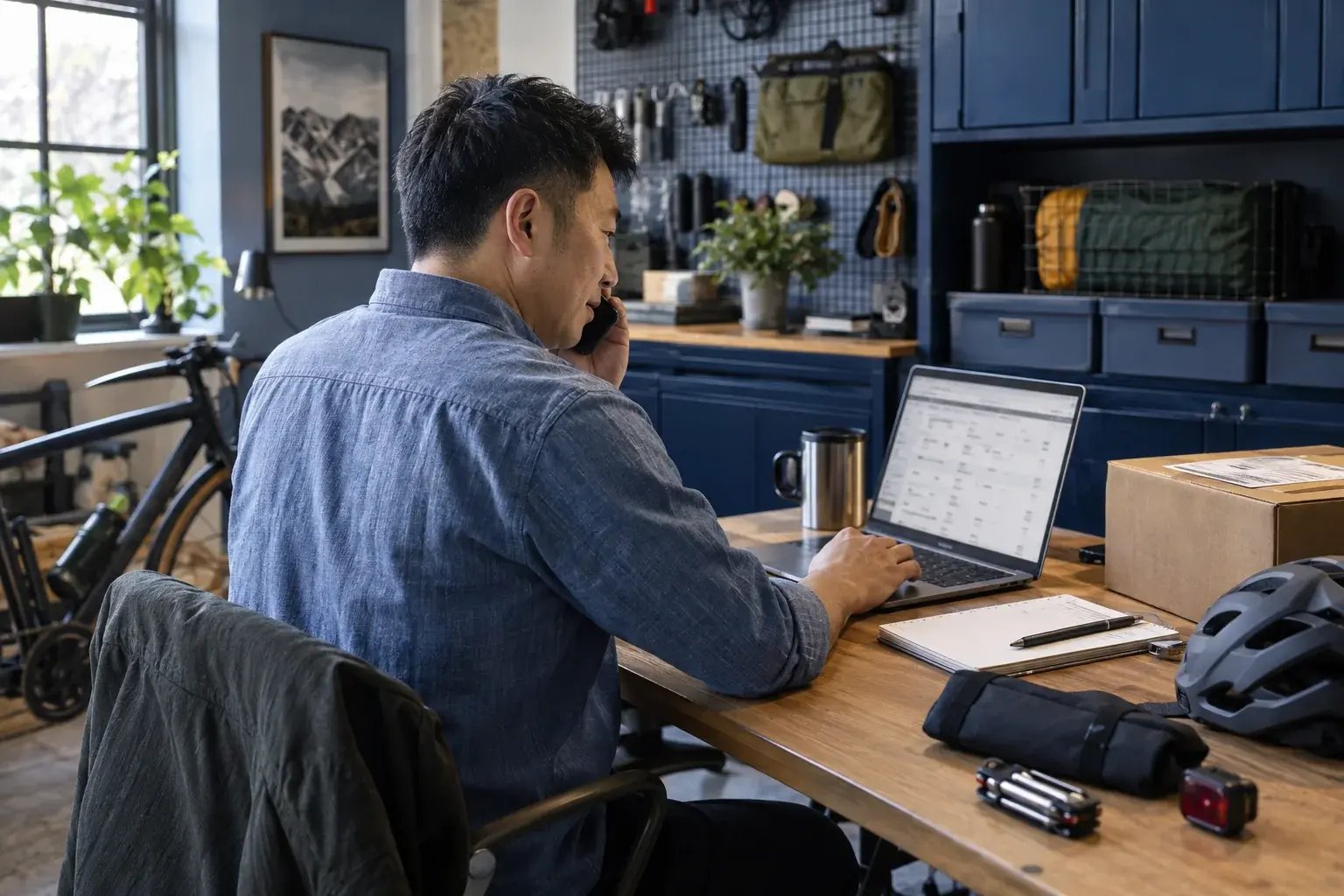 Un entrepreneur répondant à une question sur la livraison au bureau. Produits : accessoires de vélo et équipement de plein air.