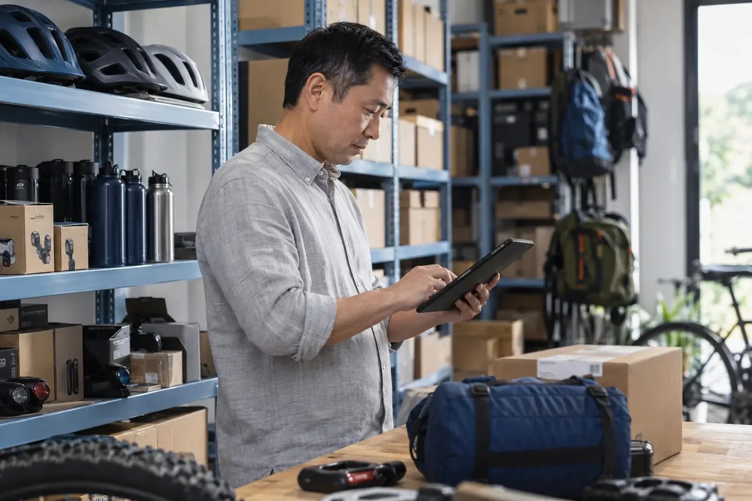 Un entrepreneur consultant les commandes en ligne sur une tablette. Produits : accessoires de vélo et équipement de plein air.