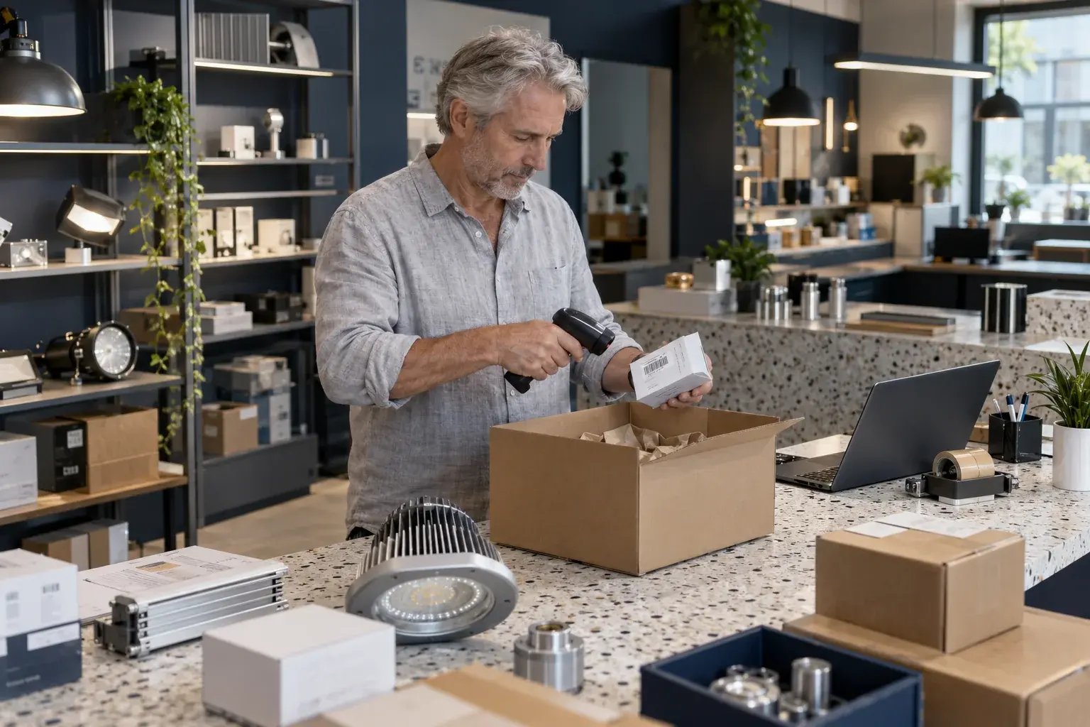 Un professionnel numérisant un produit au poste d’emballage. Produits : éclairage commercial et composants industriels.