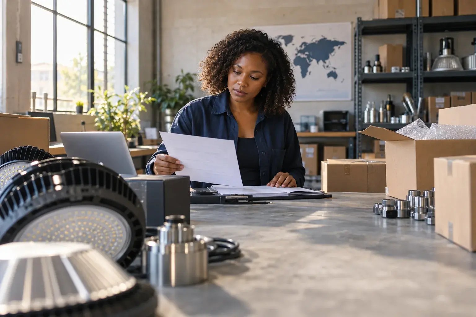 Une entrepreneure préparant les documents d’une commande internationale. Produits : éclairage commercial et composants industriels.