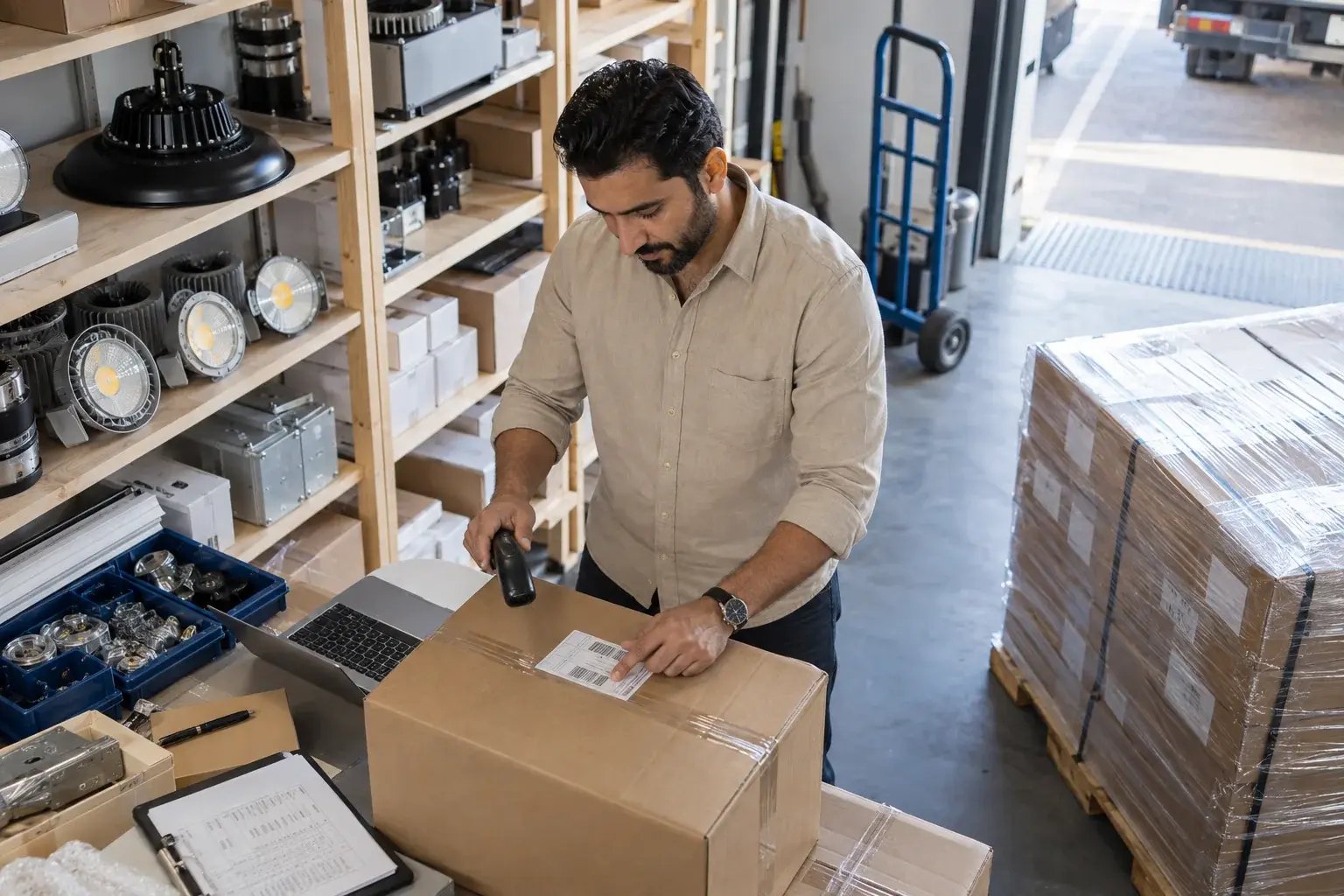 Un entrepreneur coordonnant une commande volumineuse près d’une palette. Produits : éclairage commercial et composants industriels.
