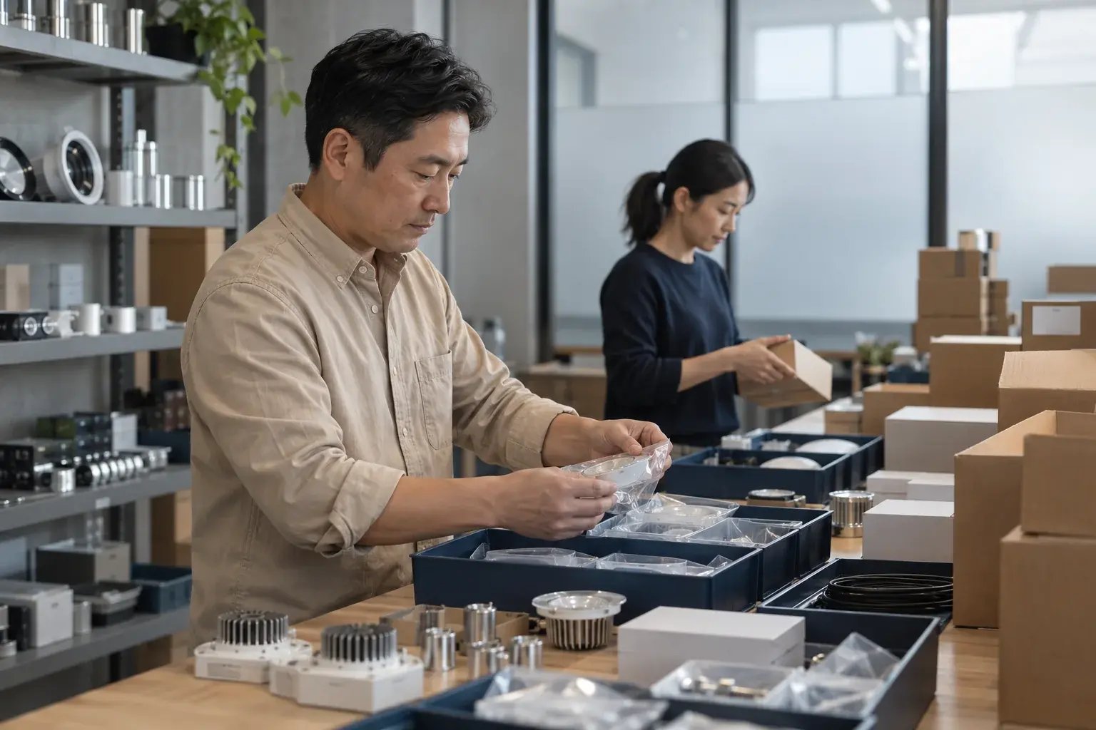 Un entrepreneur organisant un lot de commandes avec un collègue. Produits : éclairage commercial et composants industriels.