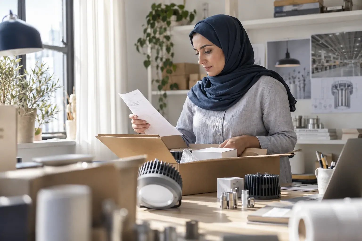 Une entrepreneure vérifiant les documents d’un envoi transfrontalier. Produits : éclairage commercial et composants industriels.