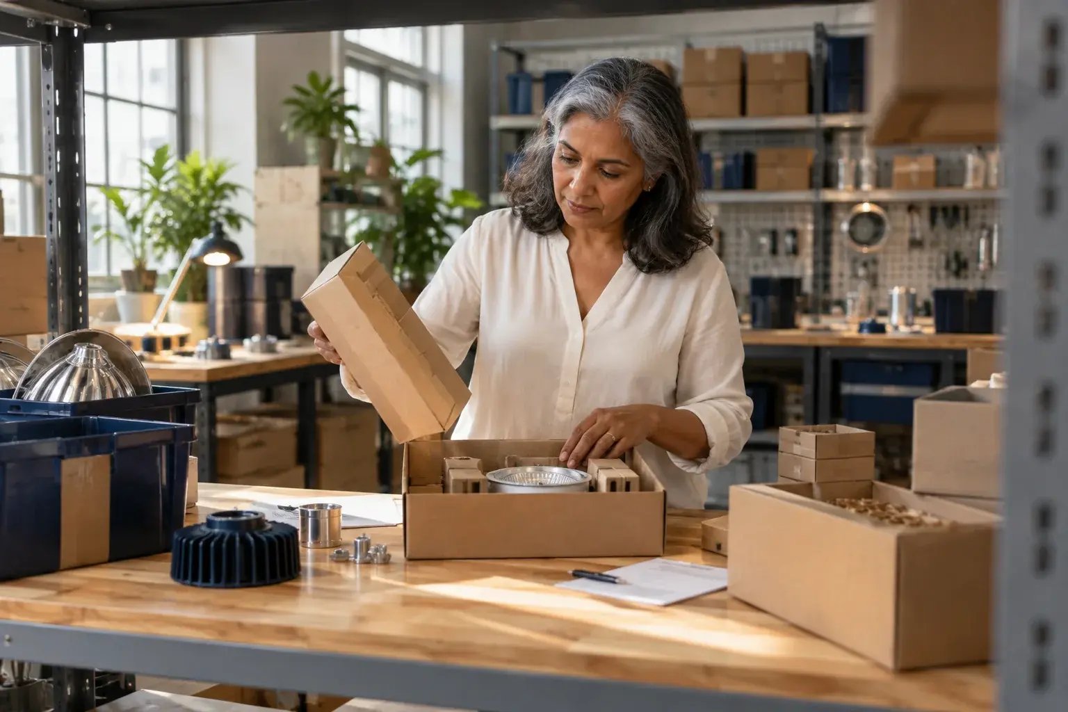 Une professionnelle choisissant une boîte adaptée à un produit. Produits : éclairage commercial et composants industriels.