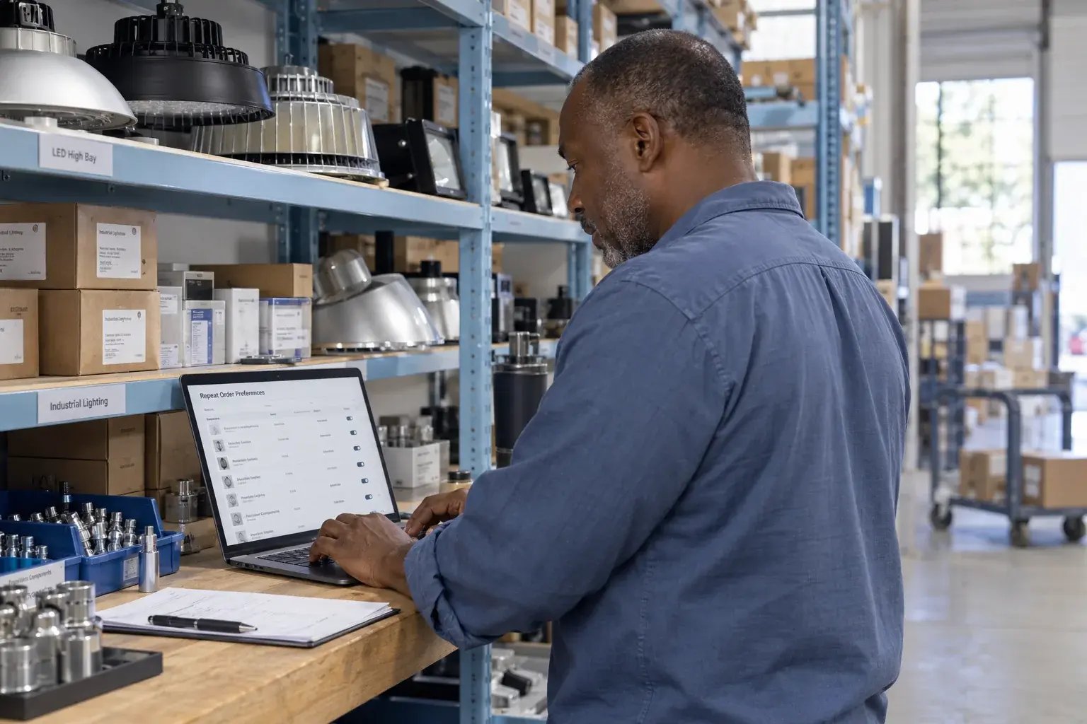 Un professionnel organisant les commandes récurrentes près des étagères de produits. Produits : éclairage commercial et composants industriels.