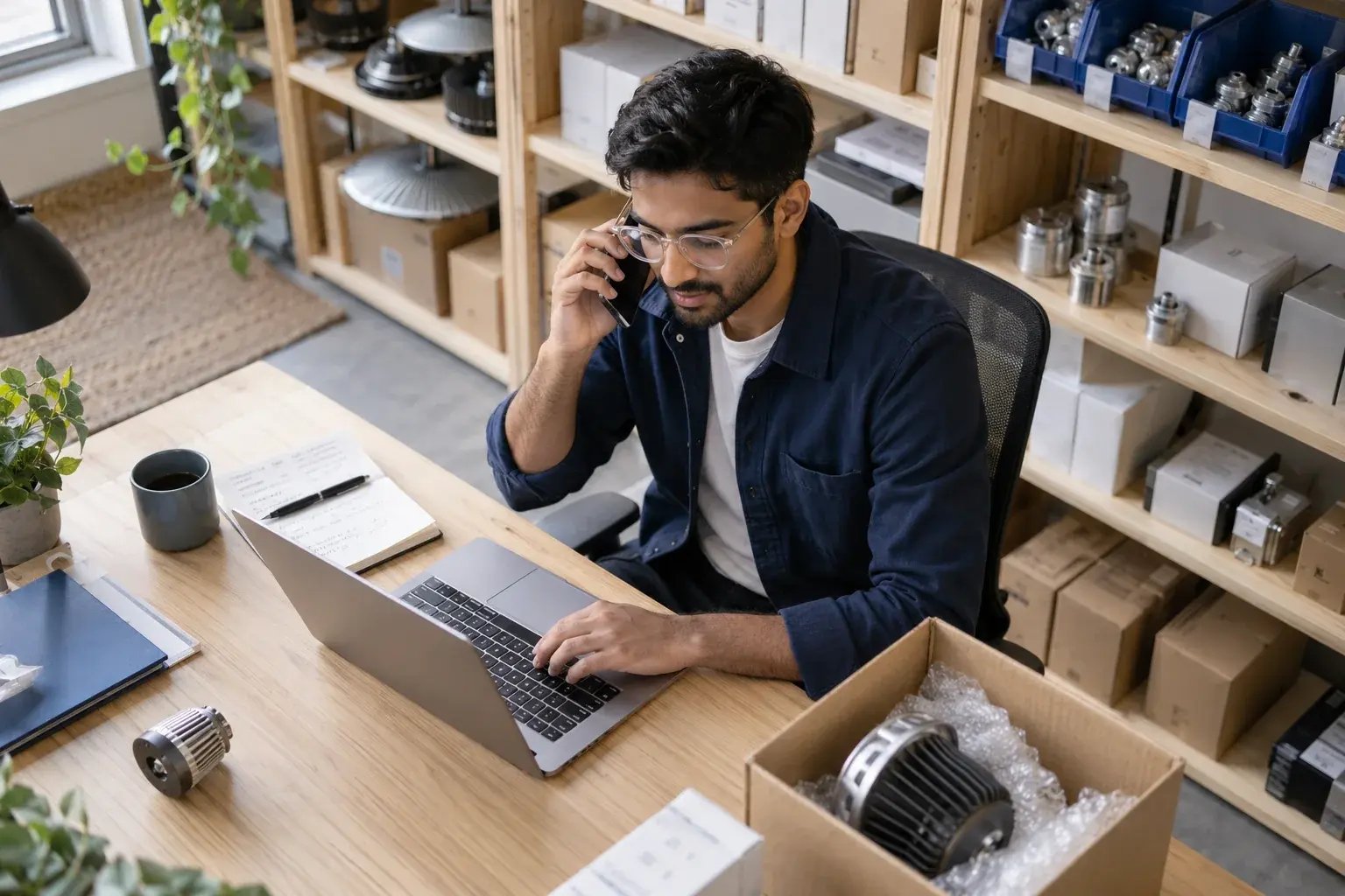 Un entrepreneur répondant à une question sur la livraison au bureau. Produits : éclairage commercial et composants industriels.