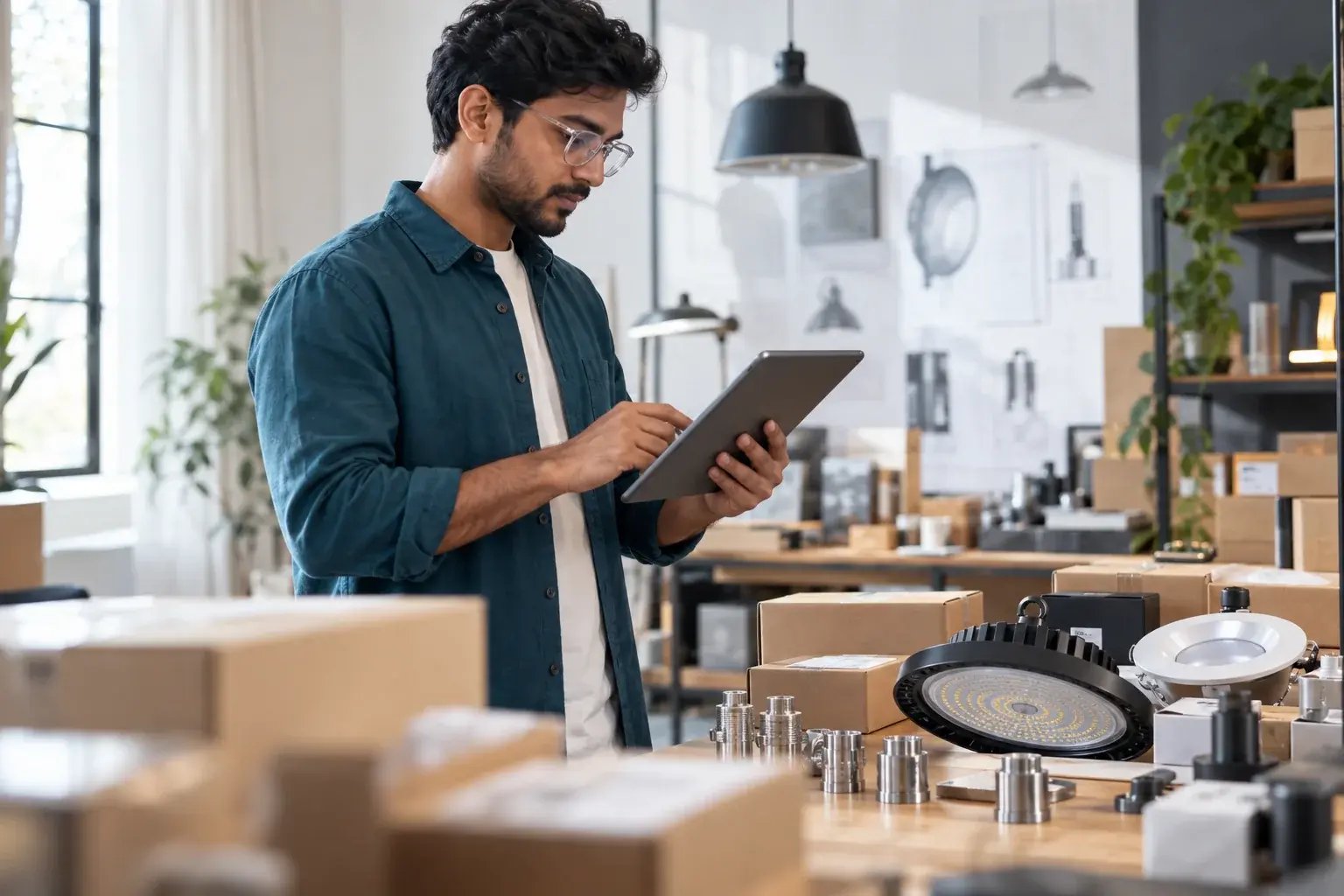Un entrepreneur consultant les commandes en ligne sur une tablette. Produits : éclairage commercial et composants industriels.
