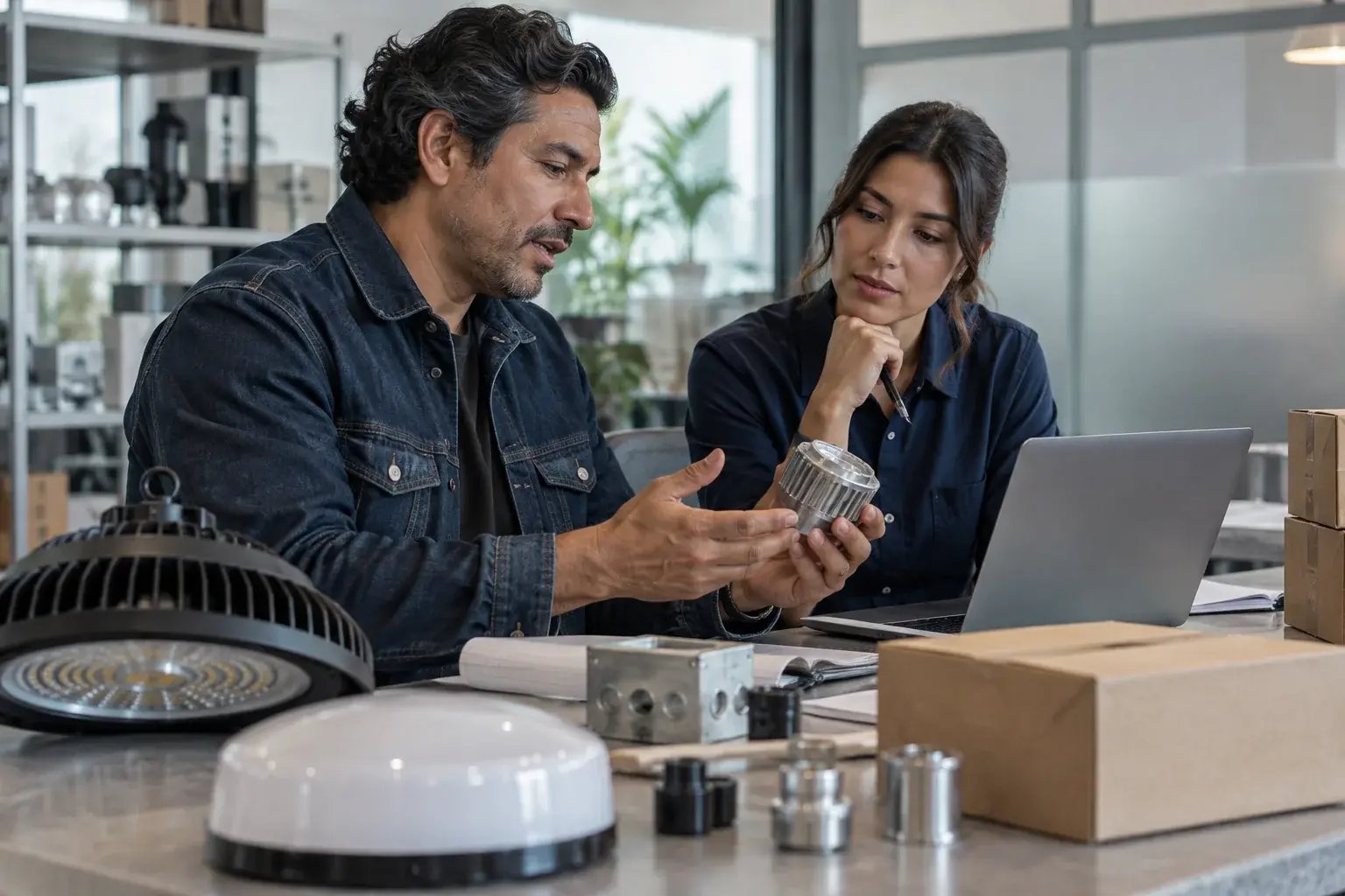Un professionnel comparant les options de livraison avec un collègue. Produits : éclairage commercial et composants industriels.
