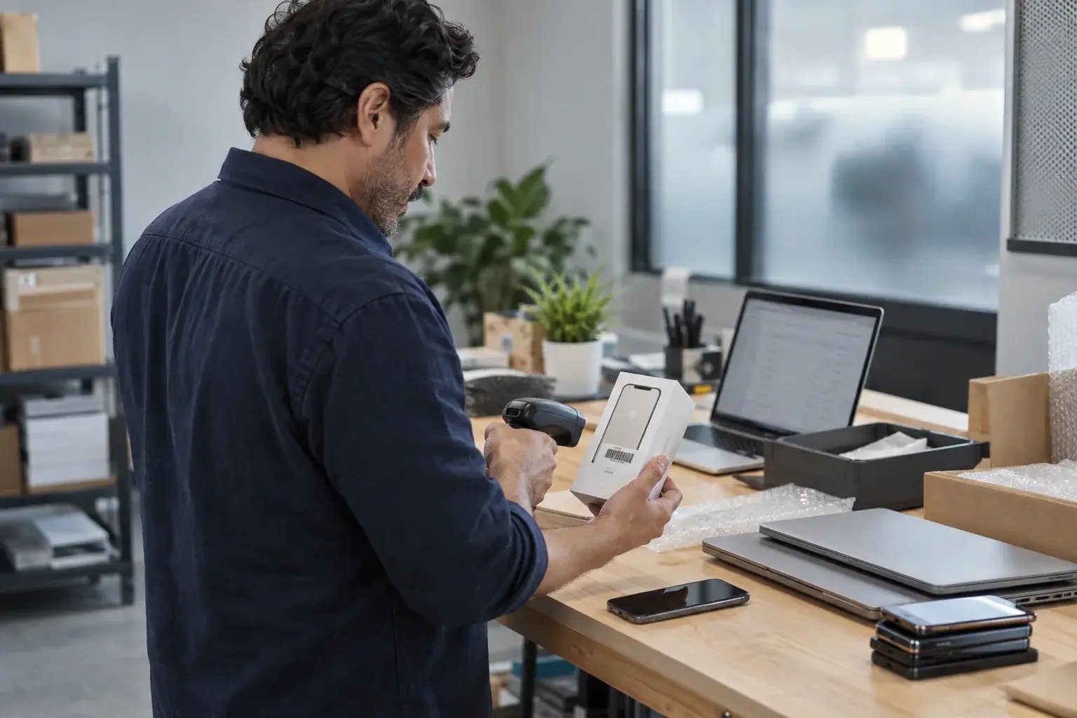 Un professionnel numérisant un produit au poste d’emballage. Produits : téléphones et ordinateurs portables remis à neuf.