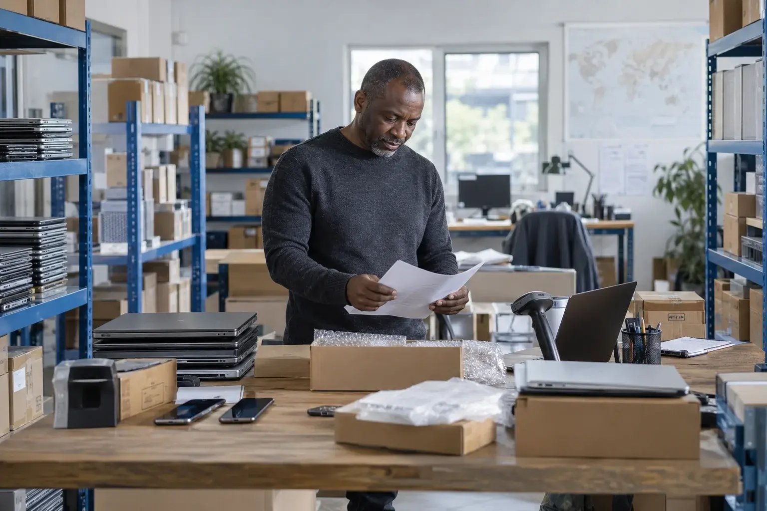 Un professionnel préparant les documents d’une commande internationale. Produits : téléphones et ordinateurs portables remis à neuf.