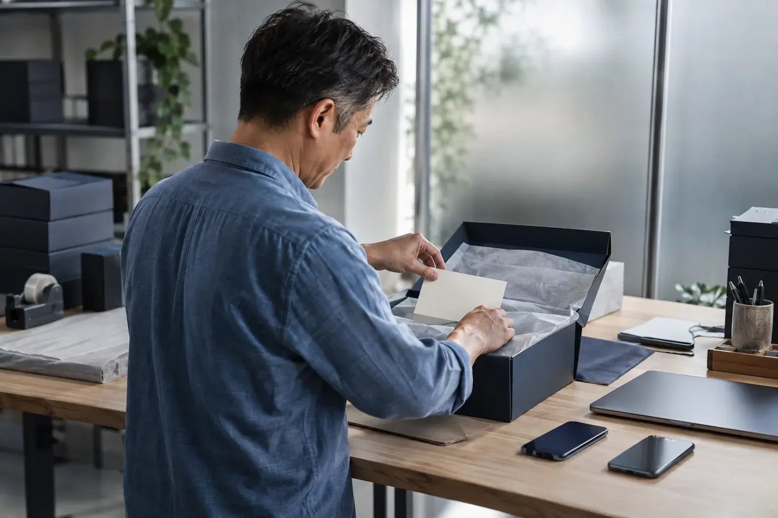 Un entrepreneur soignant la présentation d’une commande et son emballage. Produits : téléphones et ordinateurs portables remis à neuf.