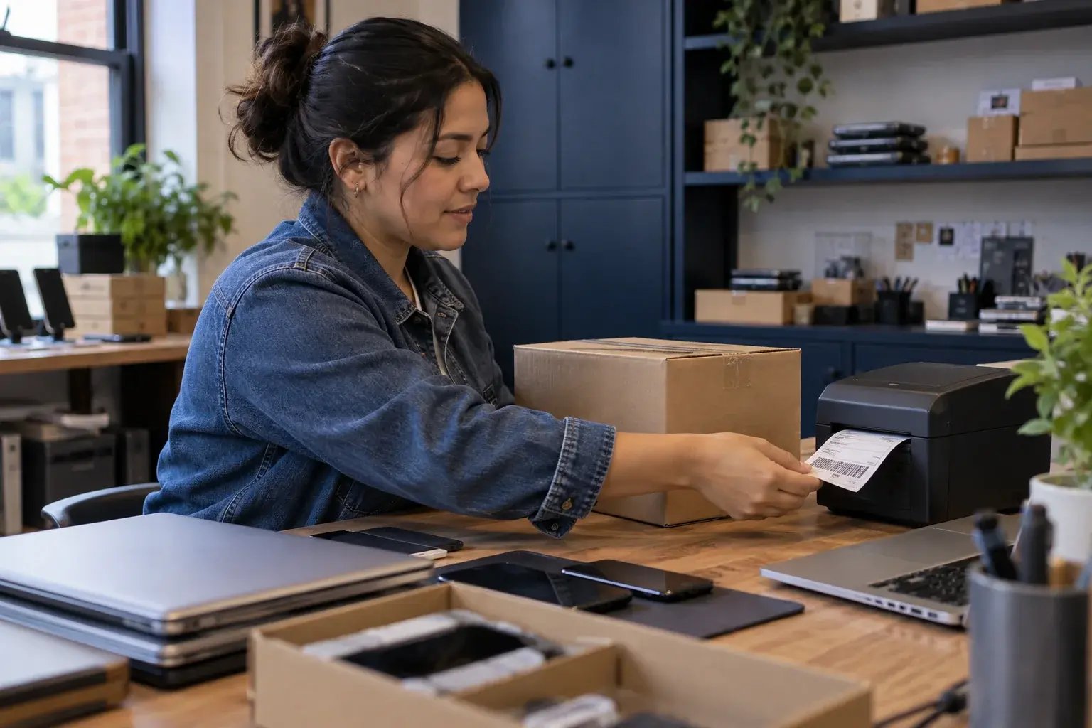 Une entrepreneure récupérant une étiquette d’expédition près d’un colis prêt. Produits : téléphones et ordinateurs portables remis à neuf.