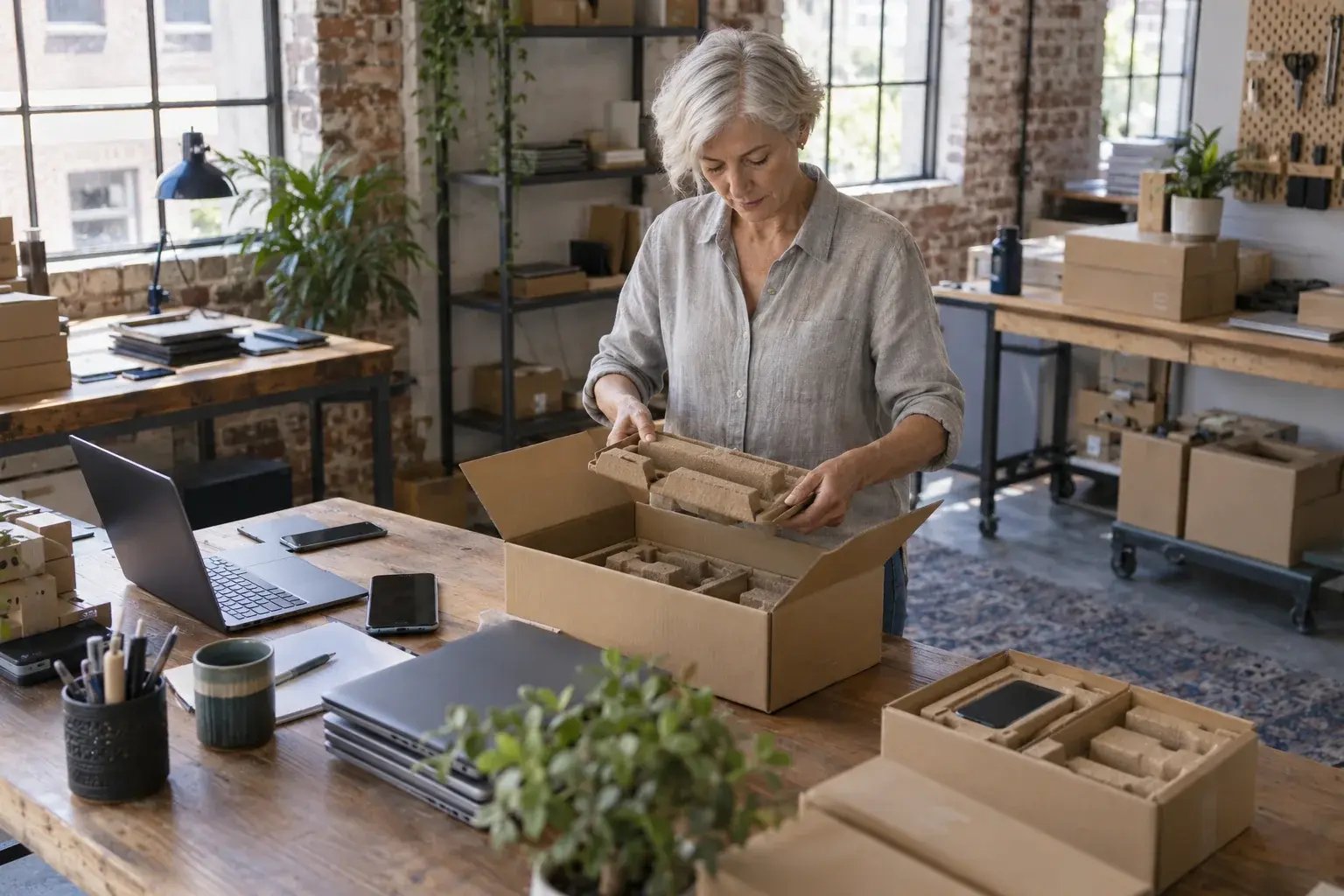 Une professionnelle choisissant une boîte adaptée à un produit. Produits : téléphones et ordinateurs portables remis à neuf.