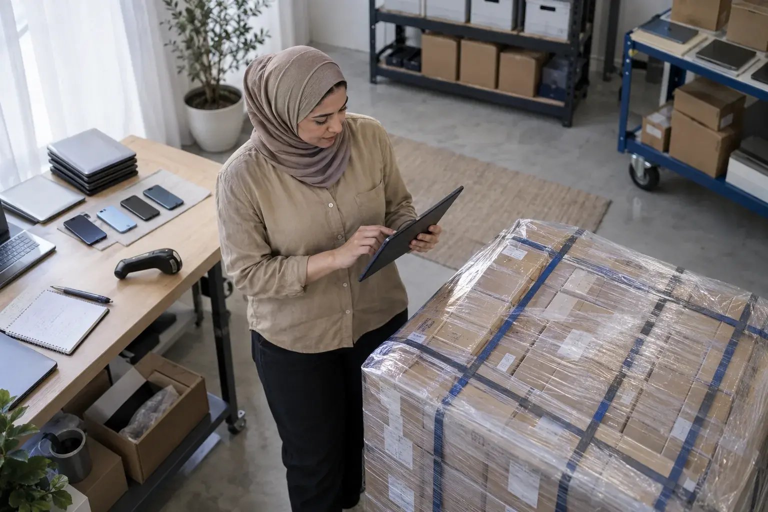 Une entrepreneure vérifiant une commande sur palette à l’aide d’une tablette. Produits : téléphones et ordinateurs portables remis à neuf.