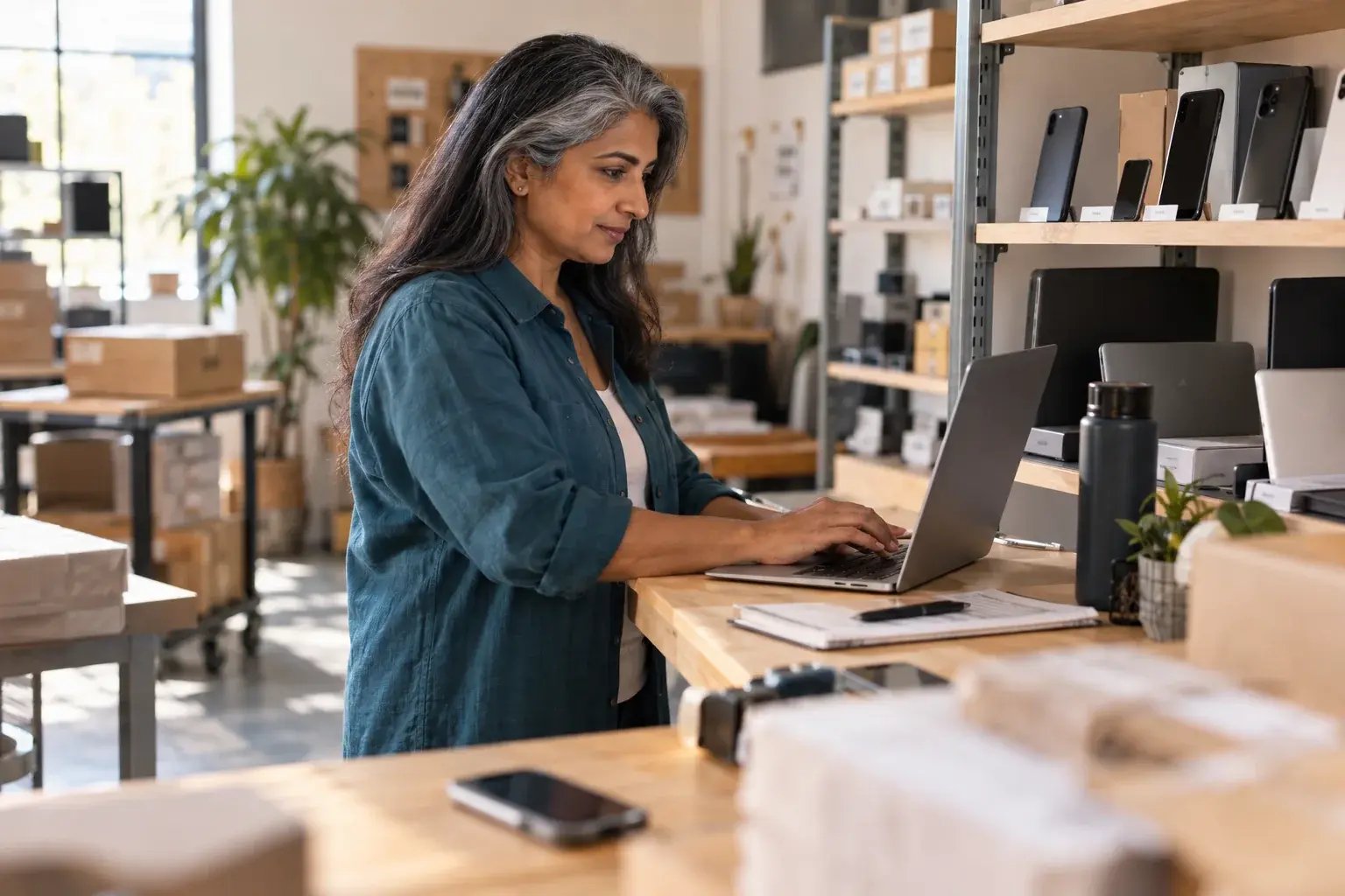 Une professionnelle organisant les commandes récurrentes près des étagères de produits. Produits : téléphones et ordinateurs portables remis à neuf.