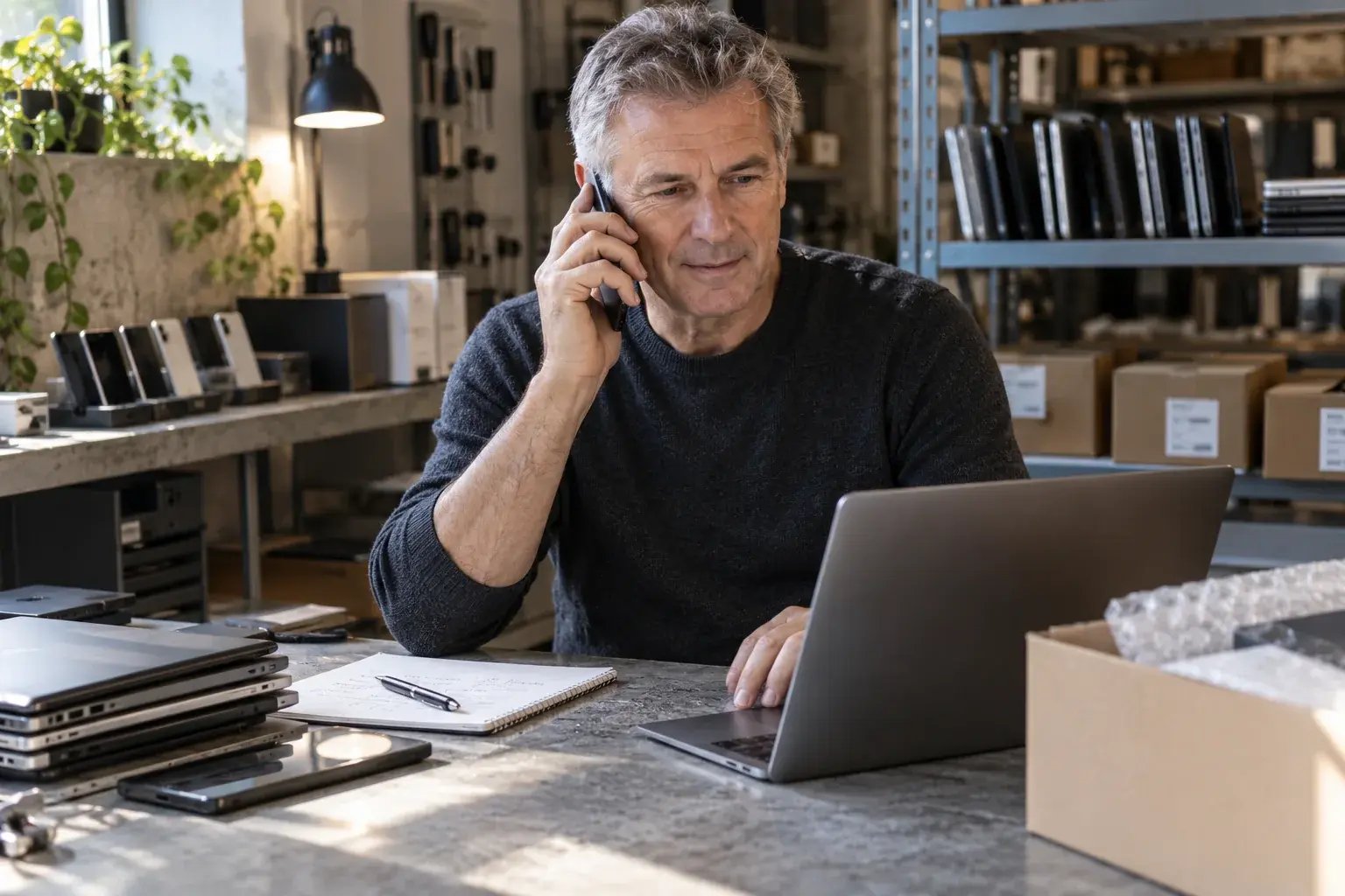 Un professionnel répondant à une question sur la livraison au bureau. Produits : téléphones et ordinateurs portables remis à neuf.
