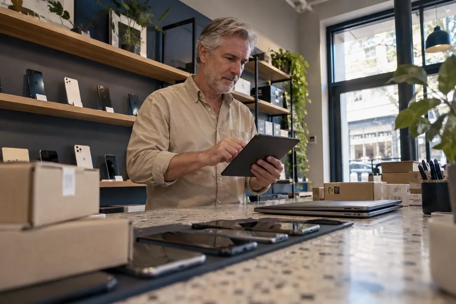 Un professionnel consultant les commandes en ligne sur une tablette. Produits : téléphones et ordinateurs portables remis à neuf.