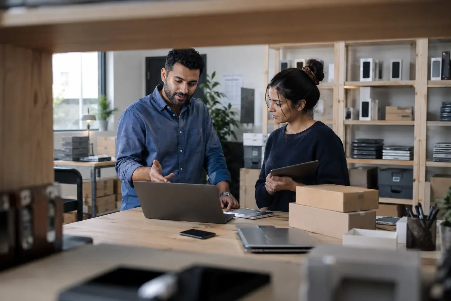 Un entrepreneur comparant les options de livraison avec un collègue. Produits : téléphones et ordinateurs portables remis à neuf.