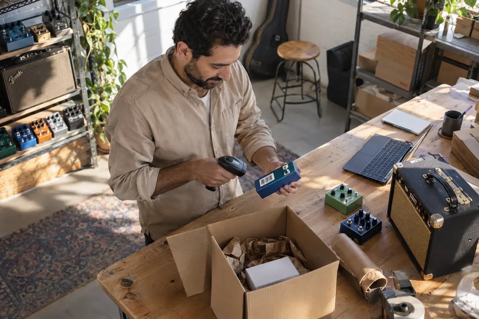 Un entrepreneur numérisant un produit au poste d’emballage. Produits : pédales de guitare et amplificateurs.