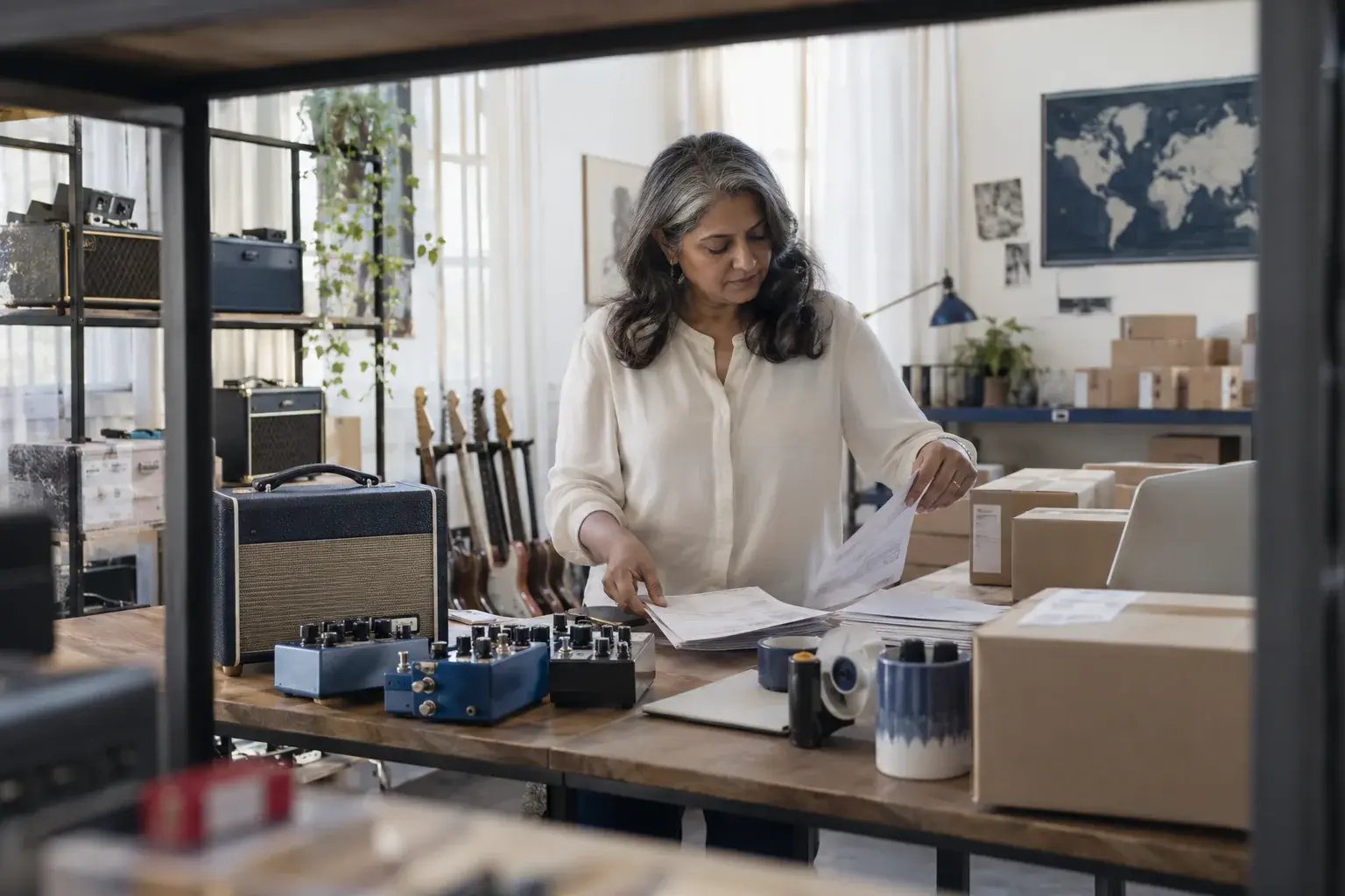 Une professionnelle préparant les documents d’une commande internationale. Produits : pédales de guitare et amplificateurs.
