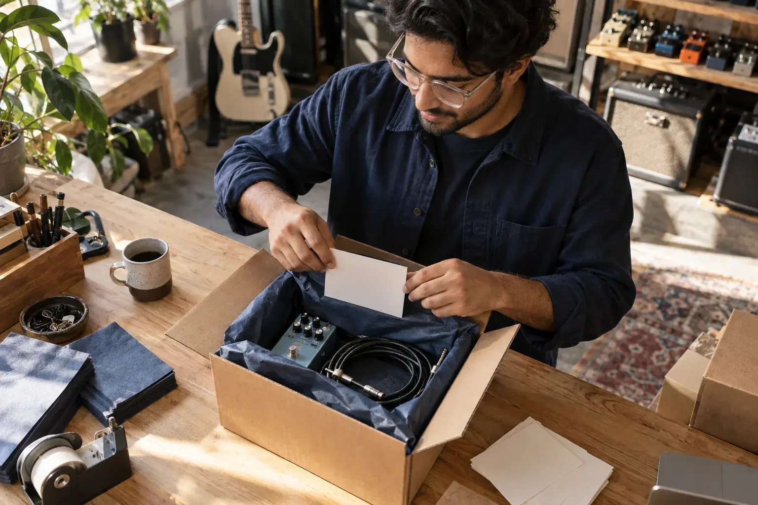 Un entrepreneur soignant la présentation d’une commande et son emballage. Produits : pédales de guitare et amplificateurs.
