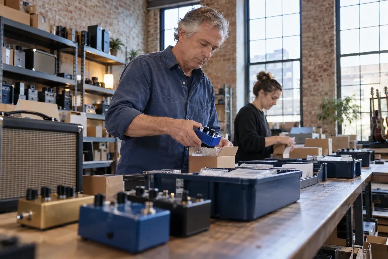 Un professionnel organisant un lot de commandes avec un collègue. Produits : pédales de guitare et amplificateurs.