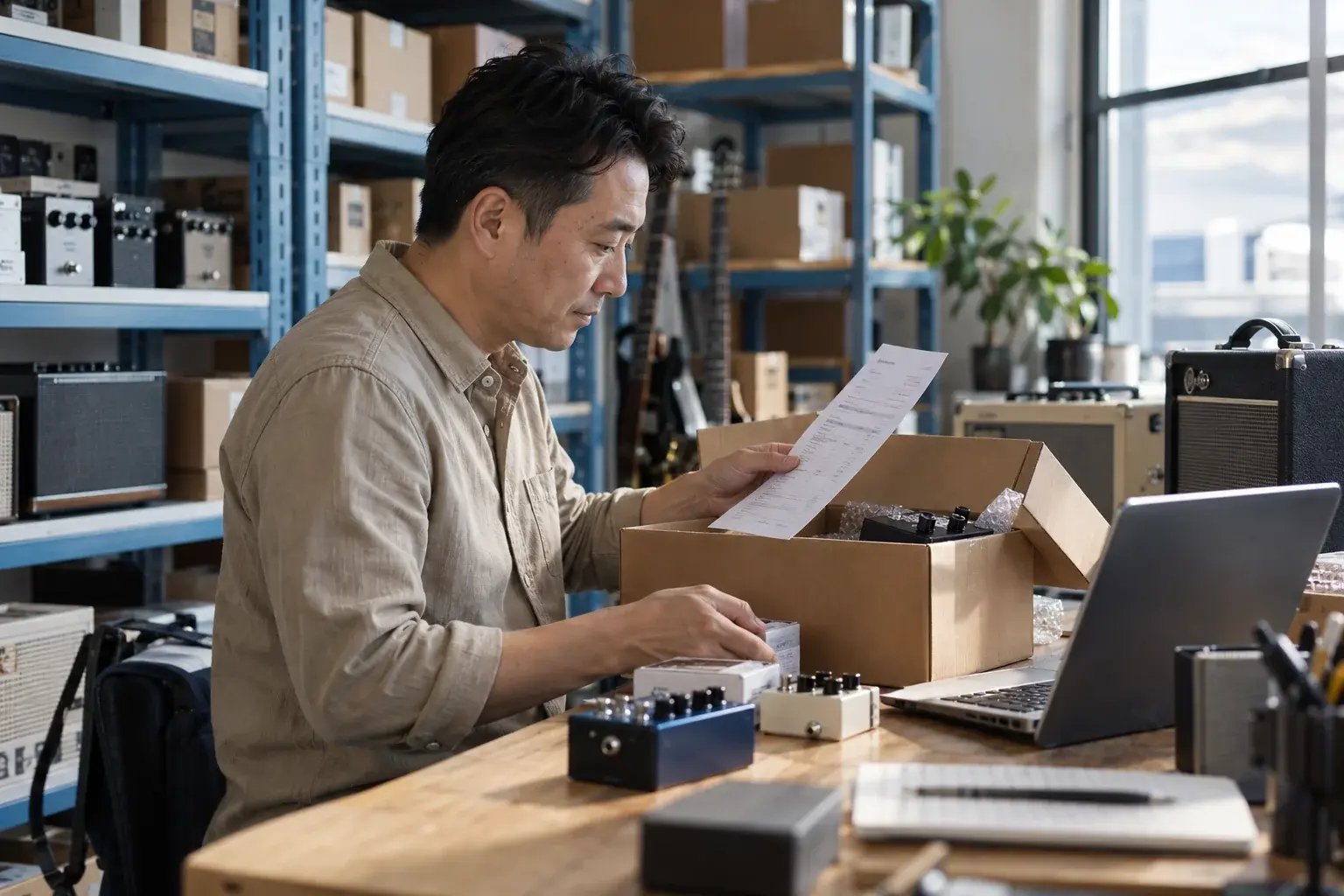 Un entrepreneur vérifiant les documents d’un envoi transfrontalier. Produits : pédales de guitare et amplificateurs.