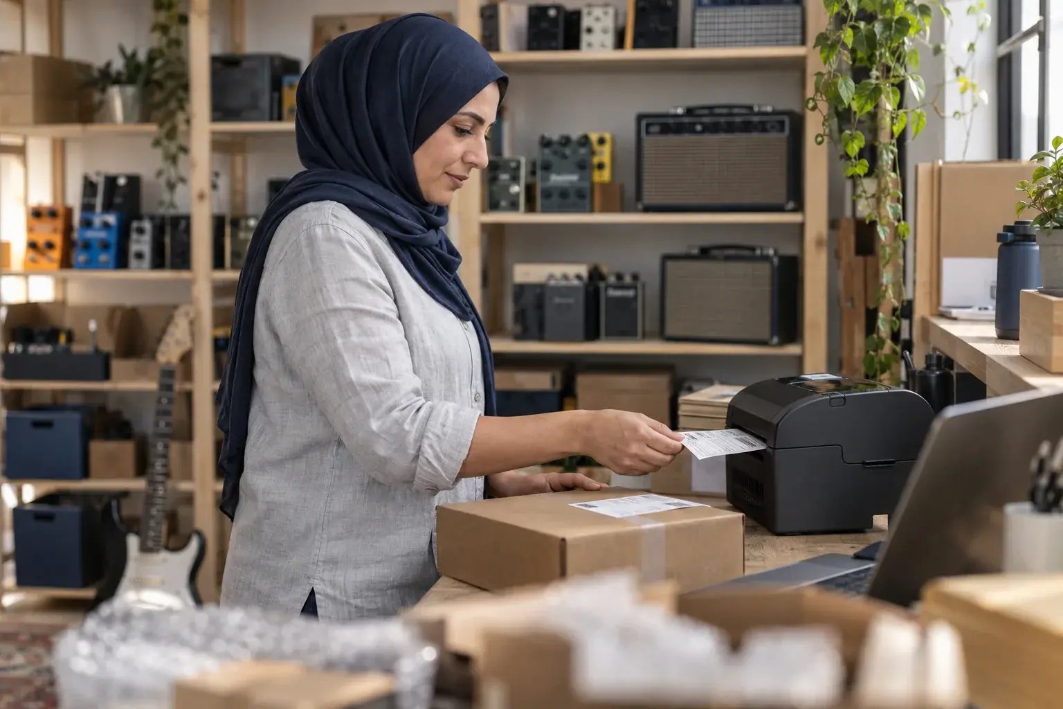 Une entrepreneure récupérant une étiquette d’expédition près d’un colis prêt. Produits : pédales de guitare et amplificateurs.