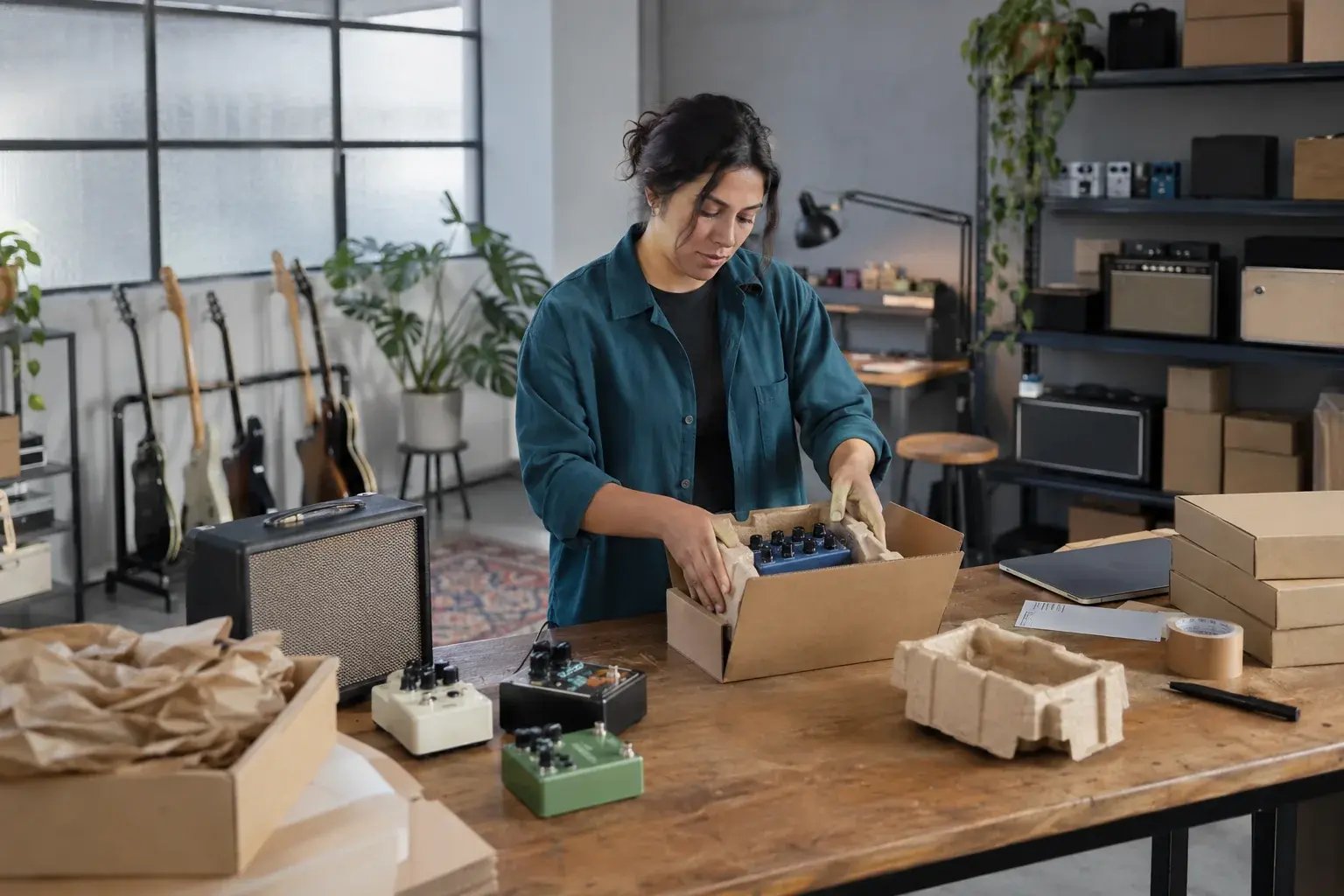 Une entrepreneure choisissant une boîte adaptée à un produit. Produits : pédales de guitare et amplificateurs.