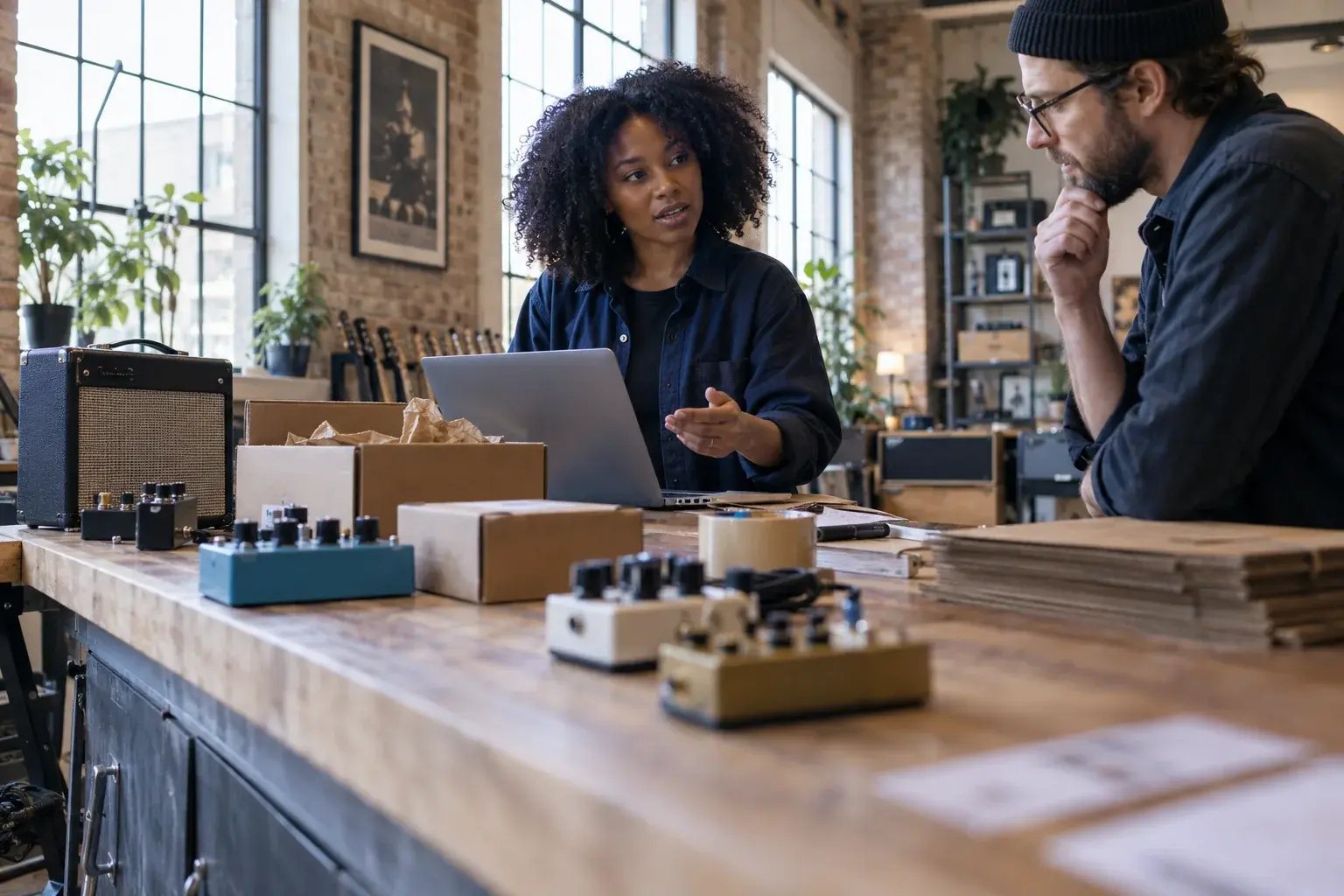 Une entrepreneure comparant les options de livraison avec un collègue. Produits : pédales de guitare et amplificateurs.