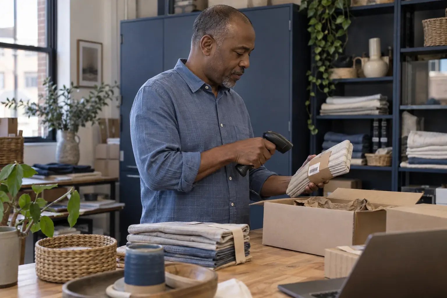 Un professionnel numérisant un produit au poste d’emballage. Produits : vêtements en lin et accessoires de maison.