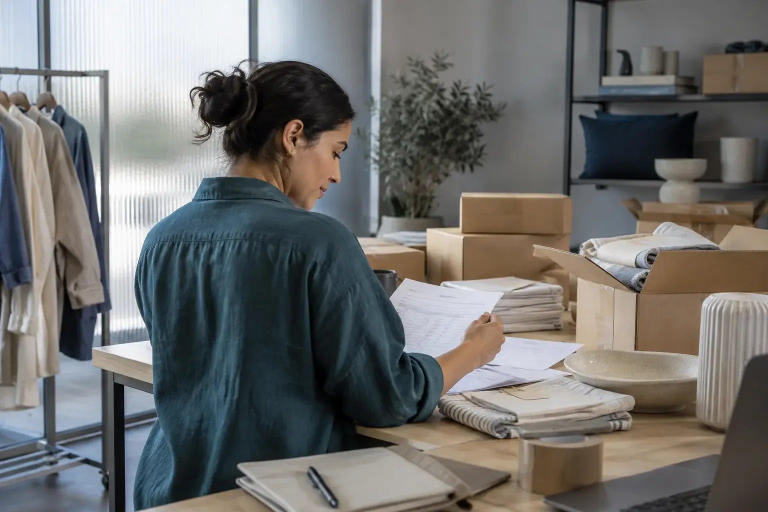 Une entrepreneure préparant les documents d’une commande internationale. Produits : vêtements en lin et accessoires de maison.