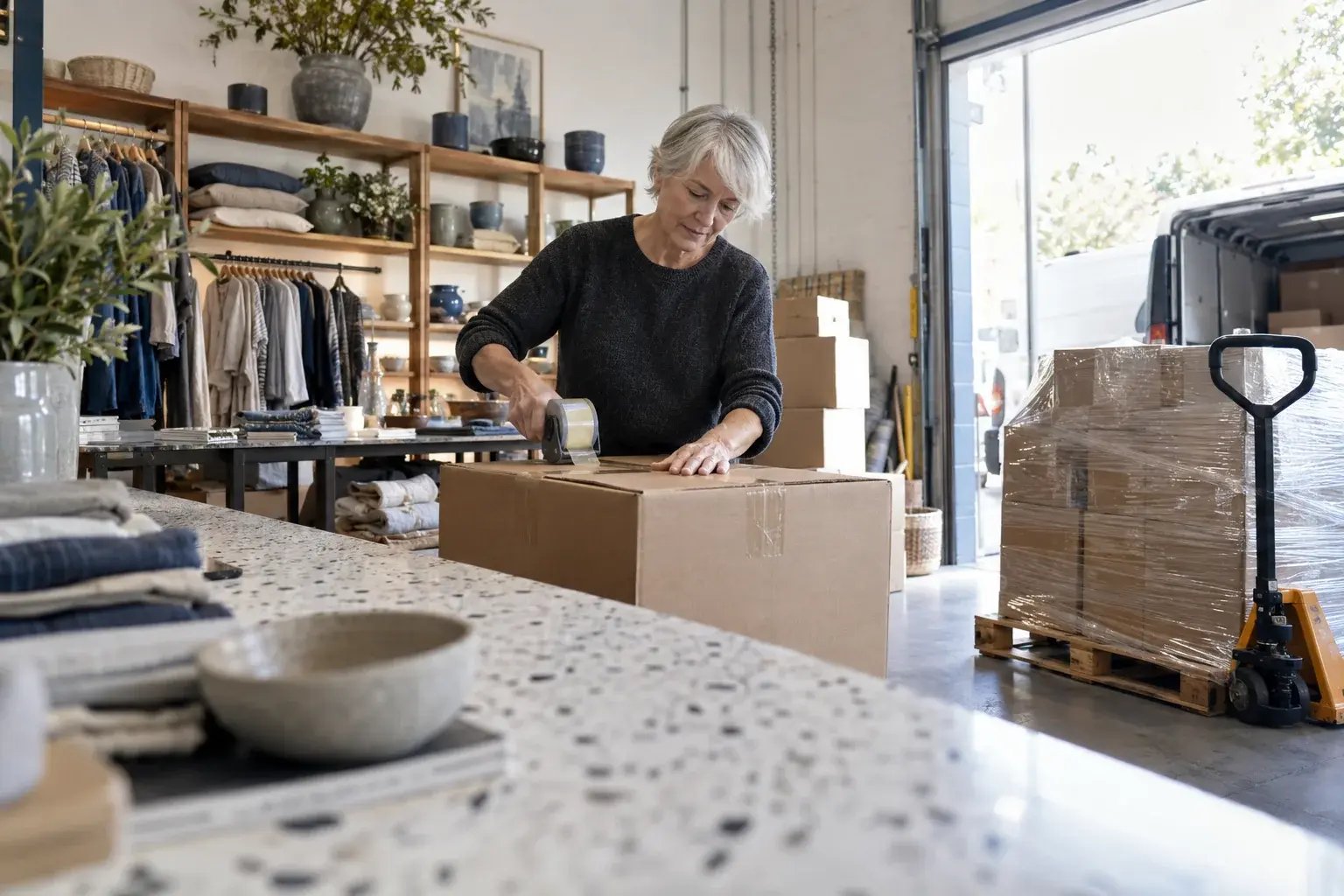 Une professionnelle coordonnant une commande volumineuse près d’une palette. Produits : vêtements en lin et accessoires de maison.