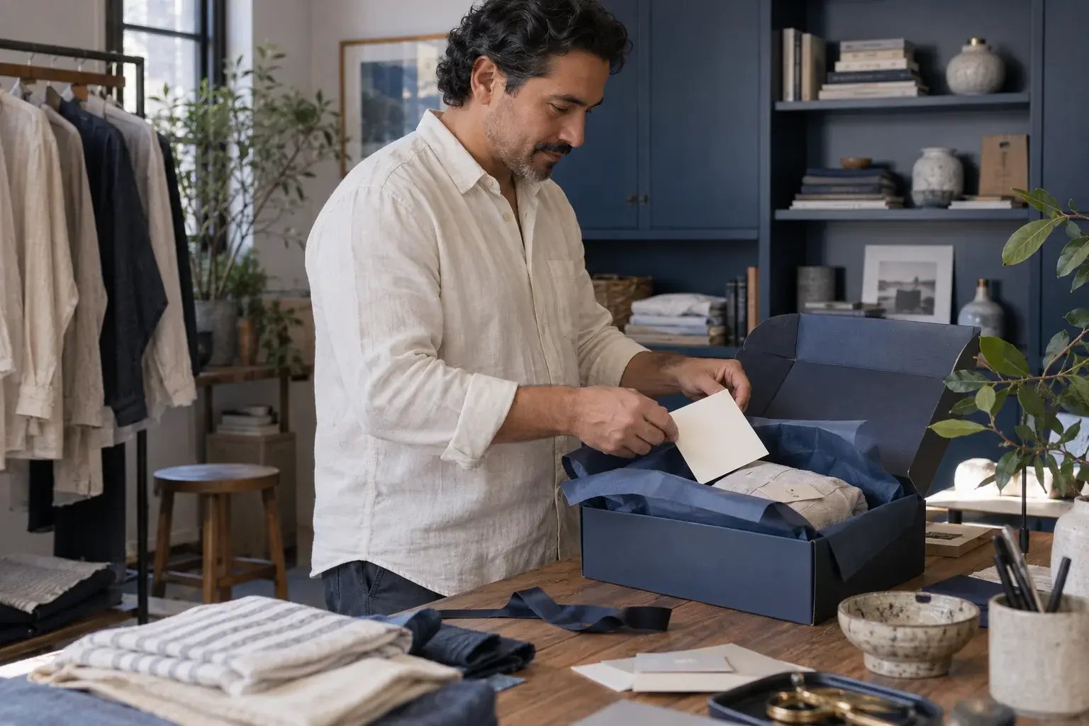 Un professionnel soignant la présentation d’une commande et son emballage. Produits : vêtements en lin et accessoires de maison.