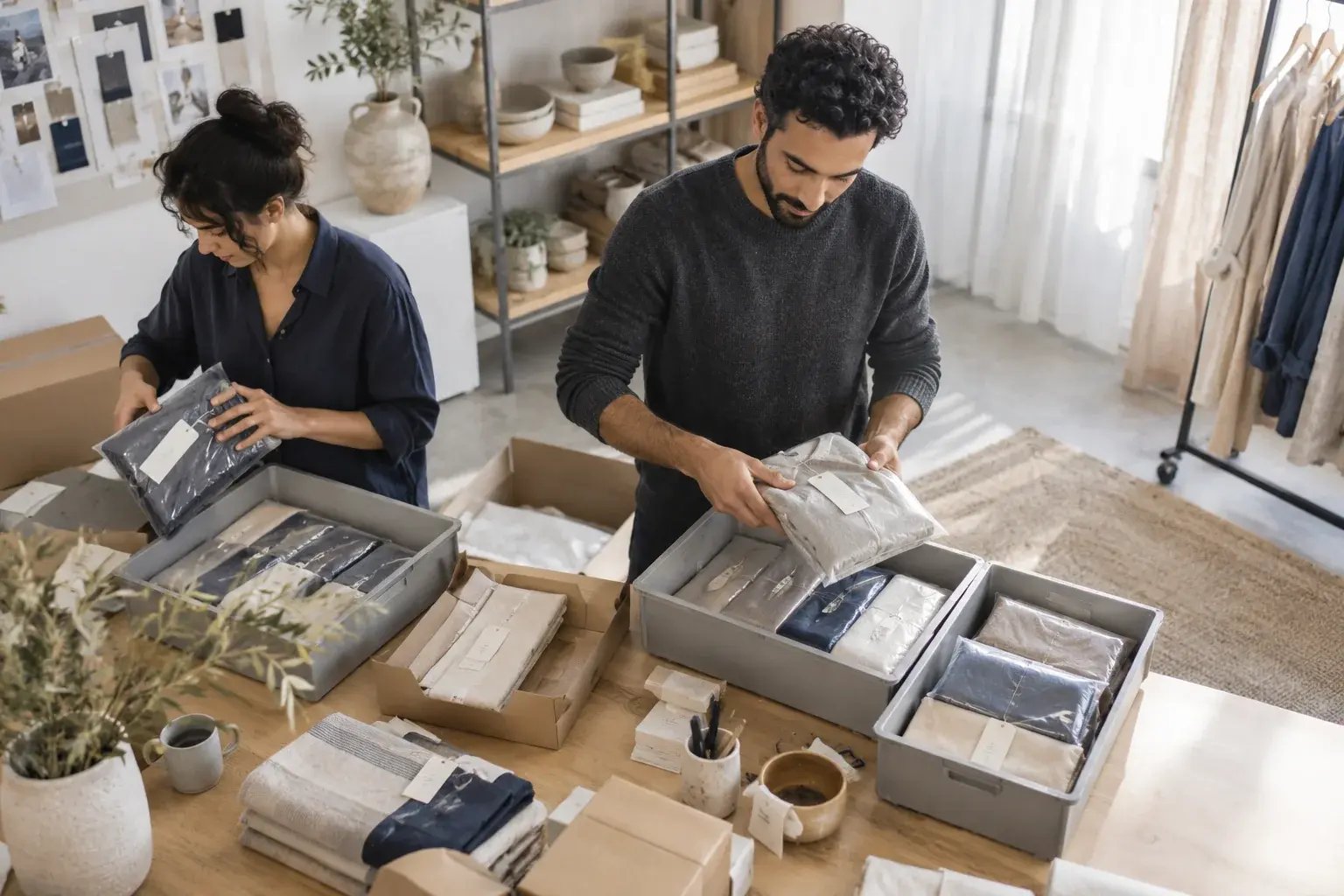 Un entrepreneur organisant un lot de commandes avec un collègue. Produits : vêtements en lin et accessoires de maison.