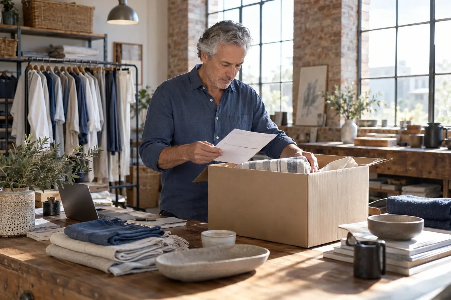 Un professionnel vérifiant les documents d’un envoi transfrontalier. Produits : vêtements en lin et accessoires de maison.