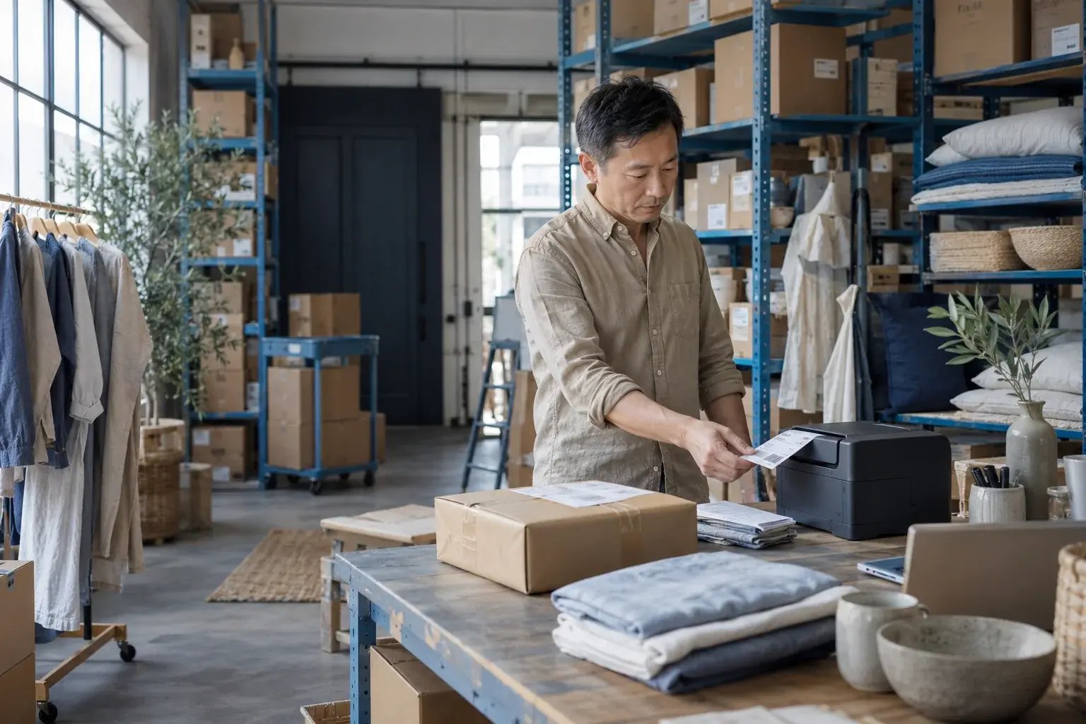 Un entrepreneur récupérant une étiquette d’expédition près d’un colis prêt. Produits : vêtements en lin et accessoires de maison.