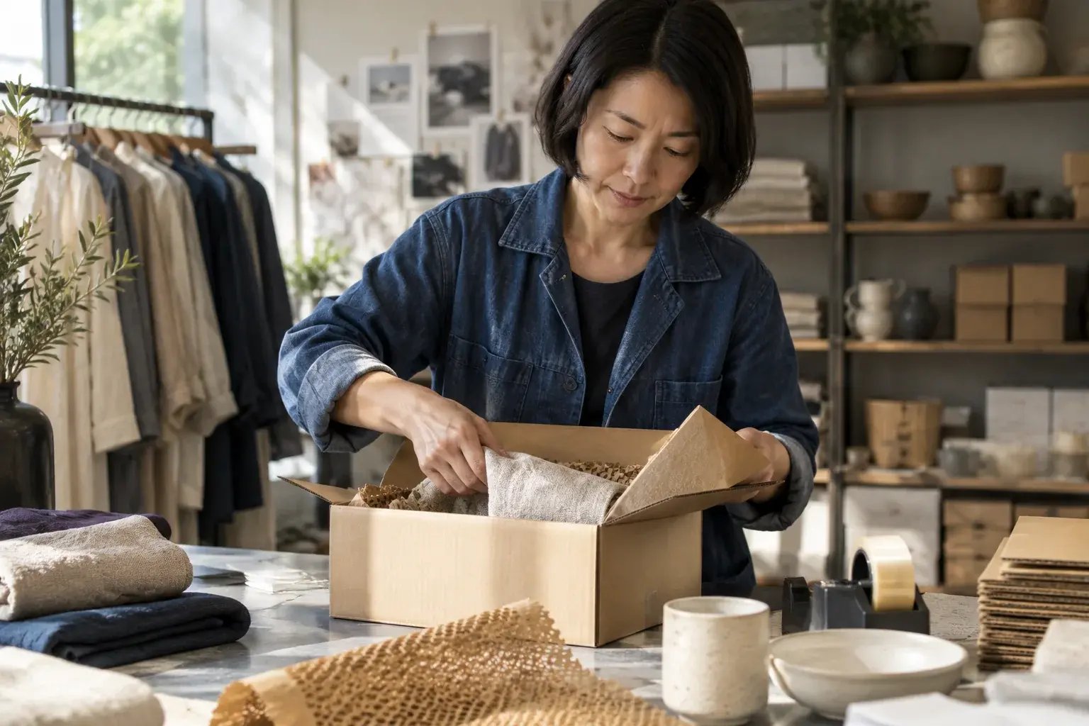 Une professionnelle choisissant une boîte adaptée à un produit. Produits : vêtements en lin et accessoires de maison.