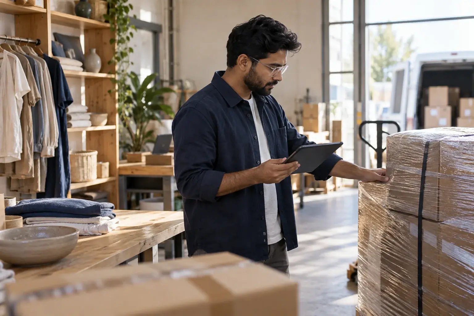 Un entrepreneur vérifiant une commande sur palette à l’aide d’une tablette. Produits : vêtements en lin et accessoires de maison.
