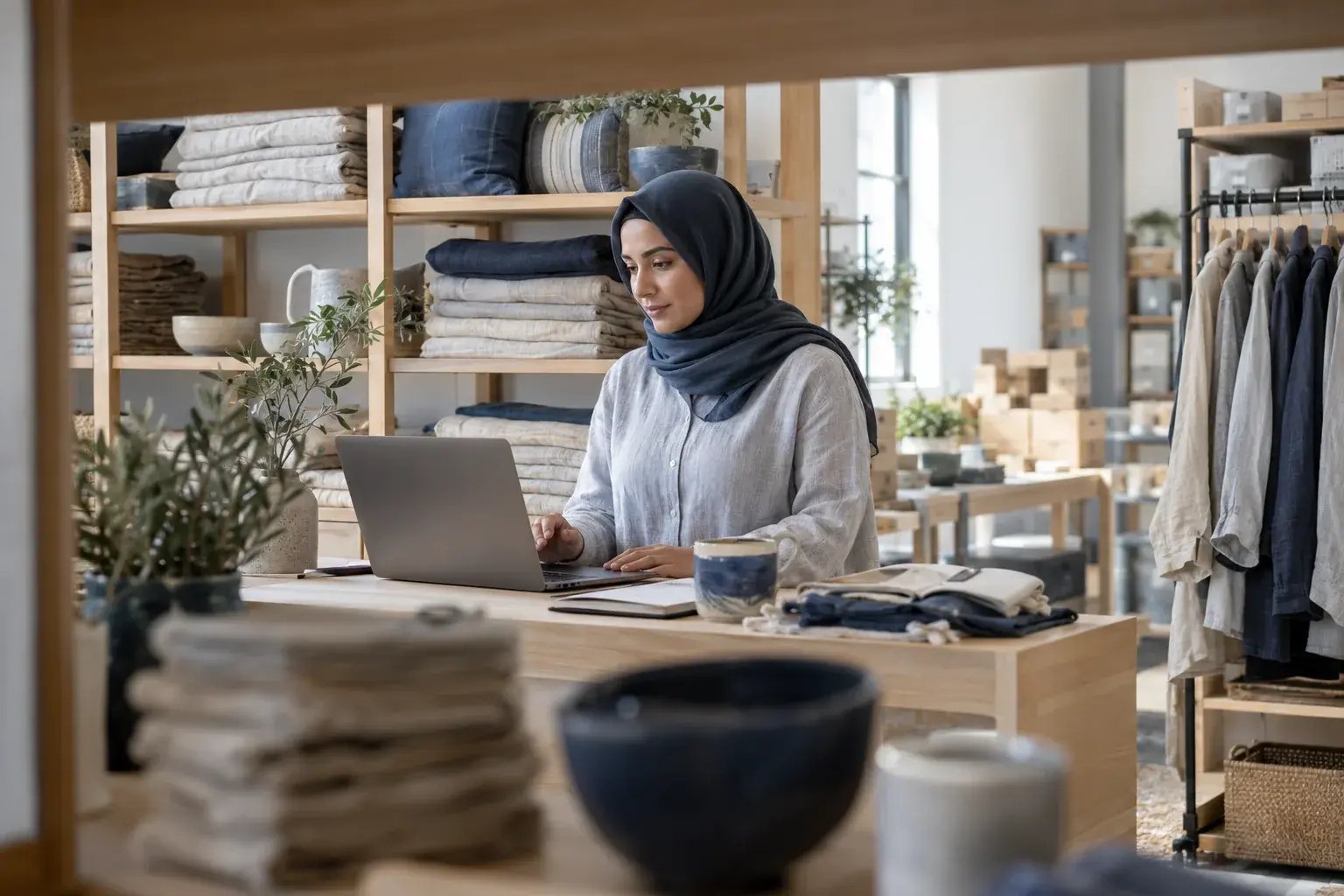 Une entrepreneure organisant les commandes récurrentes près des étagères de produits. Produits : vêtements en lin et accessoires de maison.
