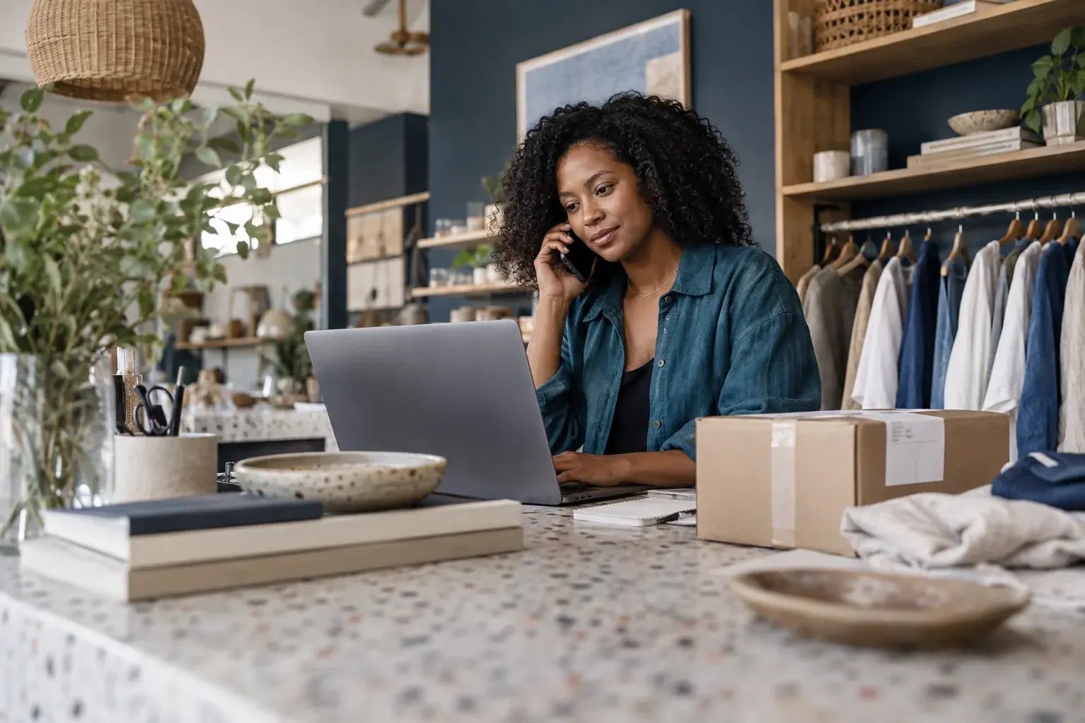 Une entrepreneure répondant à une question sur la livraison au bureau. Produits : vêtements en lin et accessoires de maison.