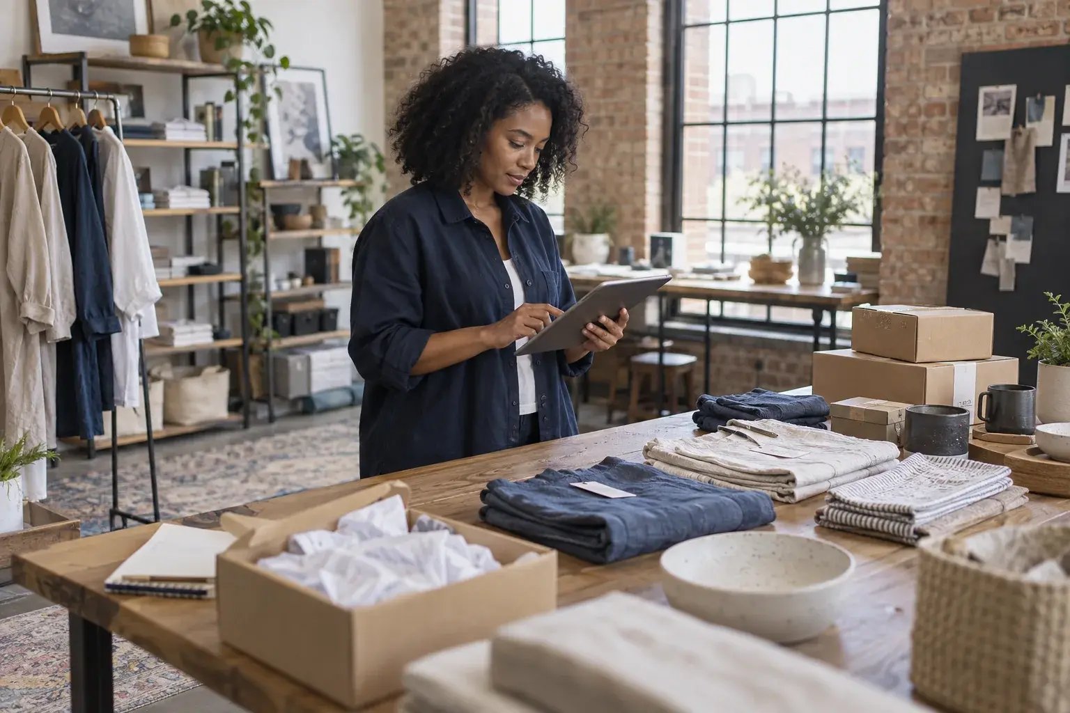 Une entrepreneure consultant les commandes en ligne sur une tablette. Produits : vêtements en lin et accessoires de maison.