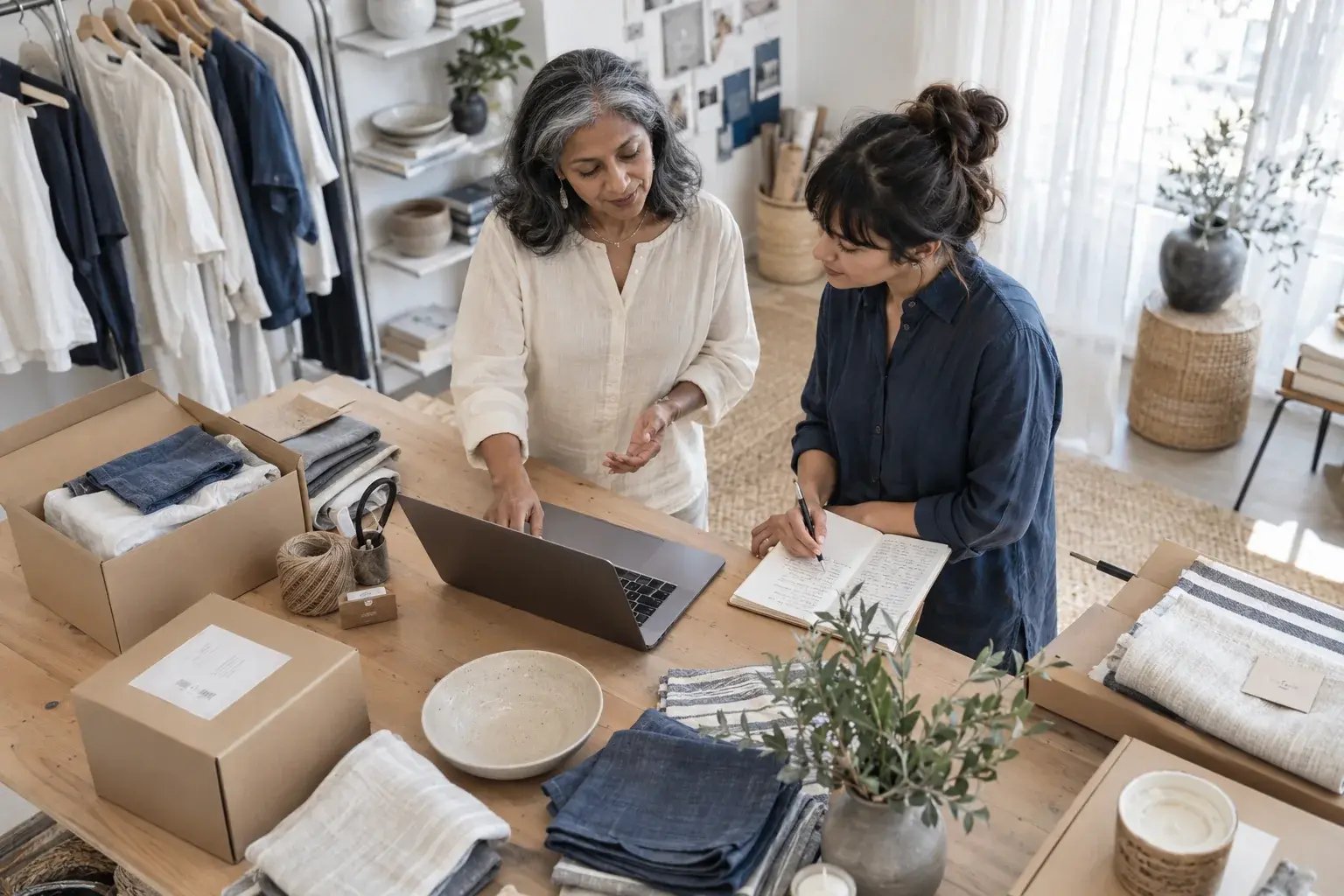 Une professionnelle comparant les options de livraison avec un collègue. Produits : vêtements en lin et accessoires de maison.