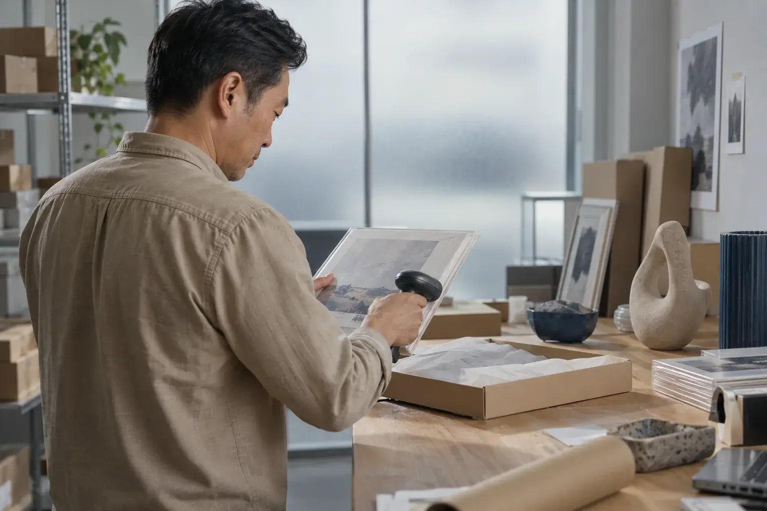 Un entrepreneur numérisant un produit au poste d’emballage. Produits : estampes et objets de design.