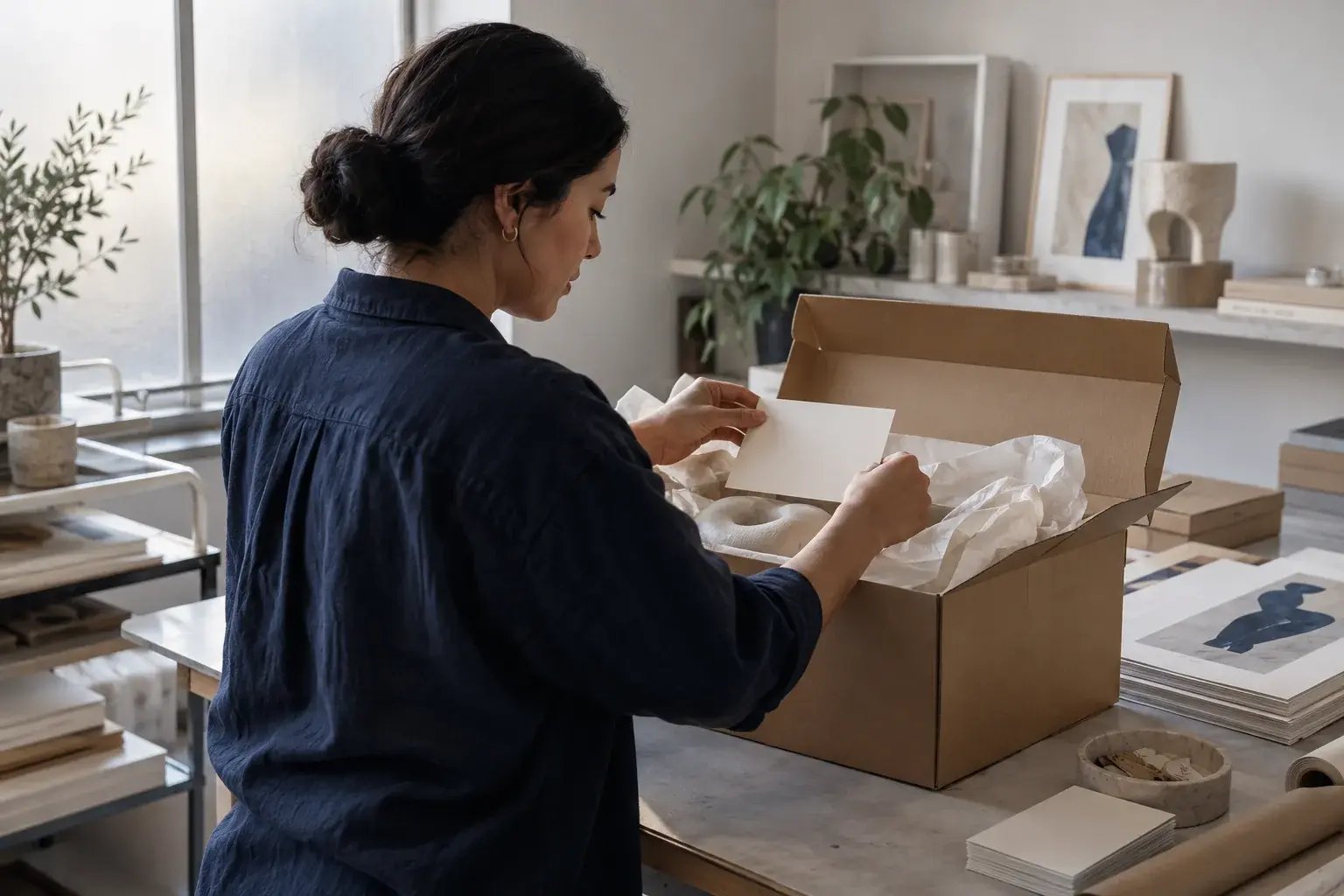 Une entrepreneure soignant la présentation d’une commande et son emballage. Produits : estampes et objets de design.