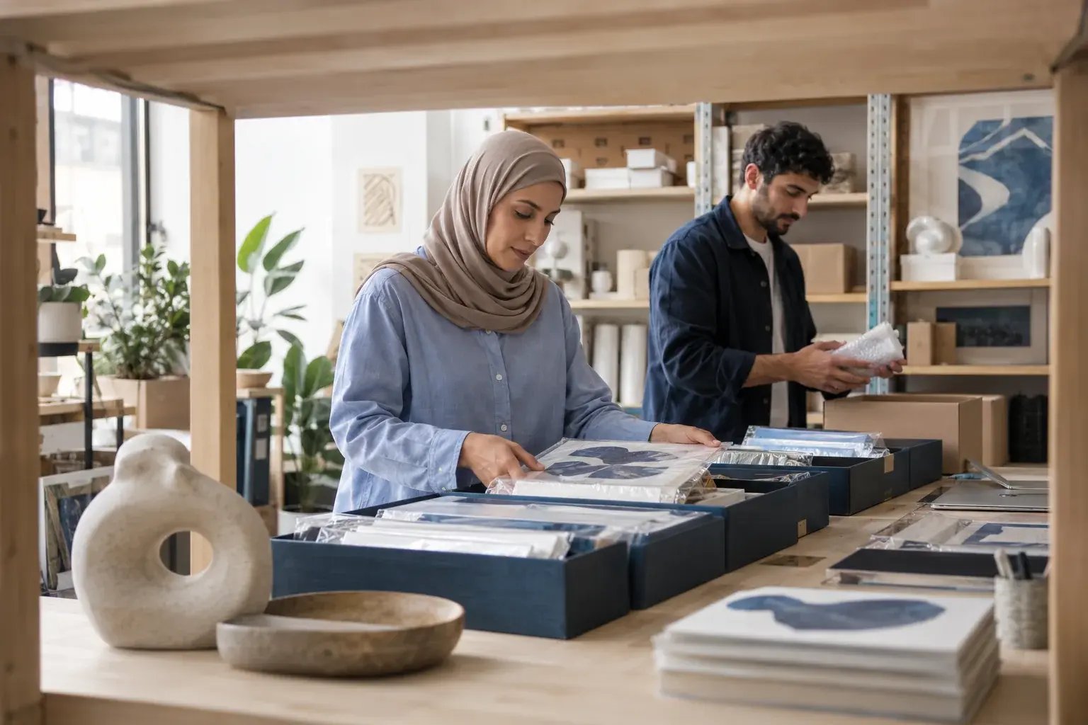 Une entrepreneure organisant un lot de commandes avec un collègue. Produits : estampes et objets de design.