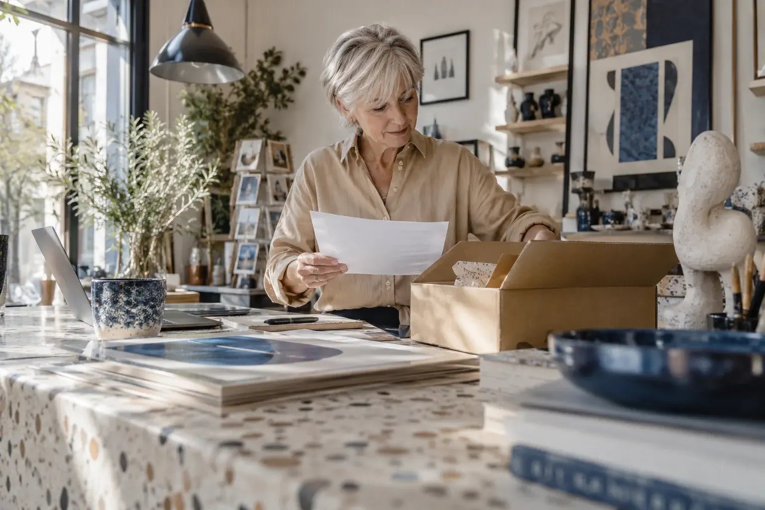 Une professionnelle vérifiant les documents d’un envoi transfrontalier. Produits : estampes et objets de design.
