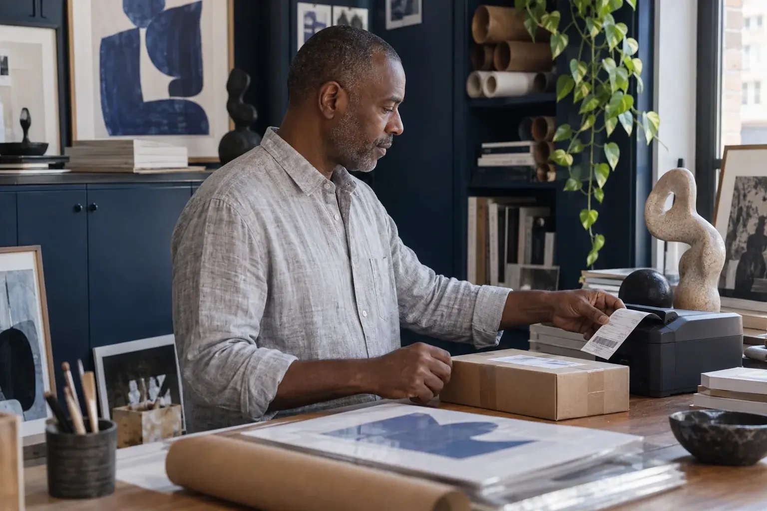 Un professionnel récupérant une étiquette d’expédition près d’un colis prêt. Produits : estampes et objets de design.